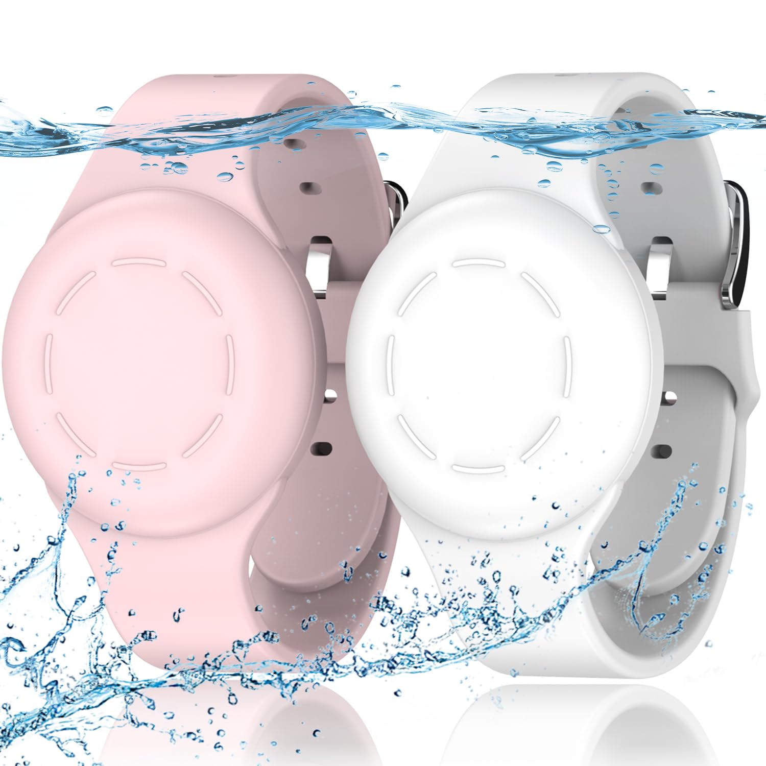 R-fun Lot de 2 Bracelets étanches pour Enfants compatibles avec Apple Air Tag Tracker avec Silicone Souple, Coque Anti-Perte pour Enfants, Blanc/Rose