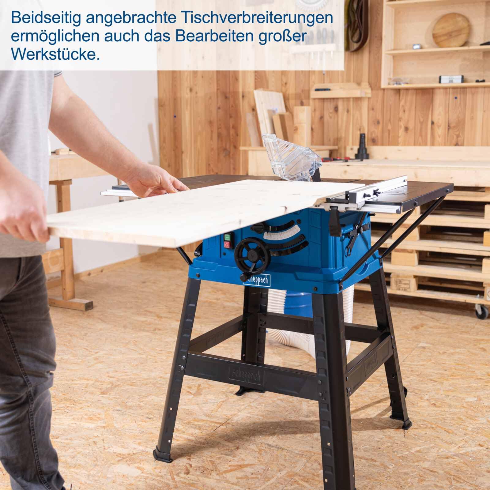 Scheppach Tischkreissäge HS254 mit Softstart | Schnitthöhe 85mm | 2200W / 230V | 880mm Tischhöhe | XXL-Tischgröße mit Verbreiterung 630x935mm mit Skala | inkl. Untergestell Querschneidlehre & Anschlag