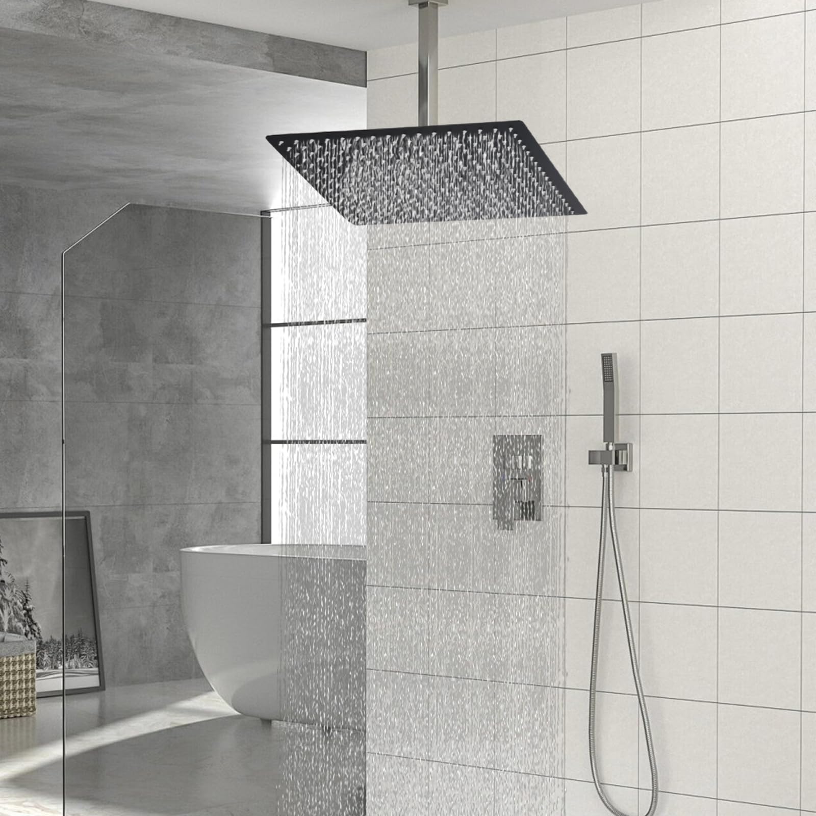 Alcachofa de ducha de 40 cm, grande, acero inoxidable 304, ahorro de agua, con boquillas antical 324, ajustable a 360°, cabezal de ducha de lluvia de 16 pulgadas, rectangular (negro)