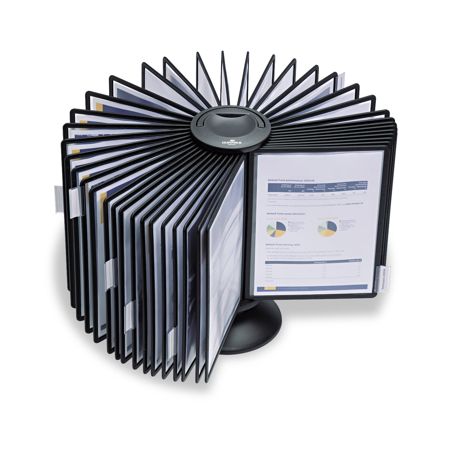 DURABLE Carousel Desktop Referenzsystem, 40 doppelseitige Paneele, Briefgröße, Schwarz, SHERPA Design (555701)