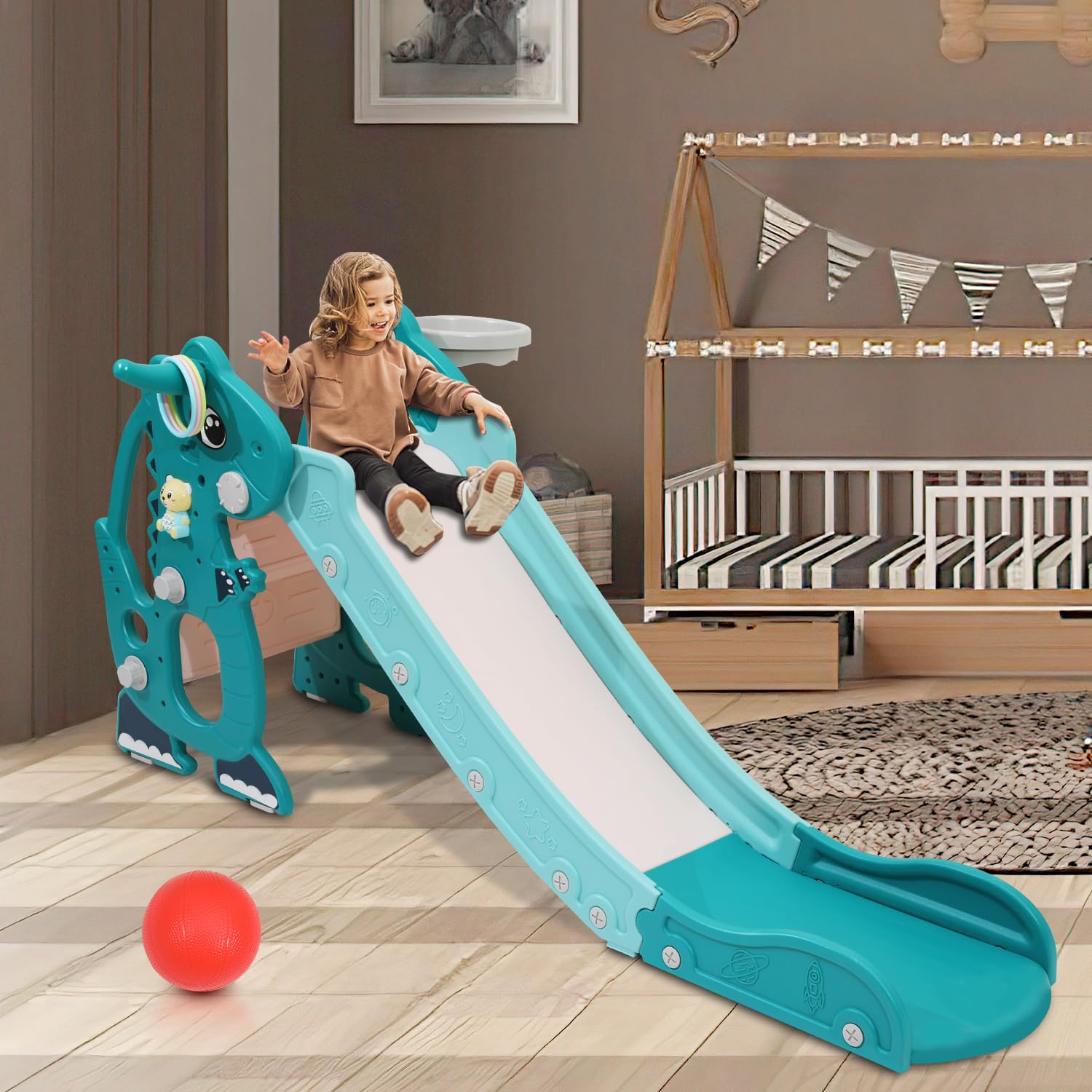 Fiqops Kinderrutsche 4-in-1 Faltbar mit Basketballkorb, Indoor Outdoor Baby Rutsche 145x38x67 cm bis 35 kg Grün