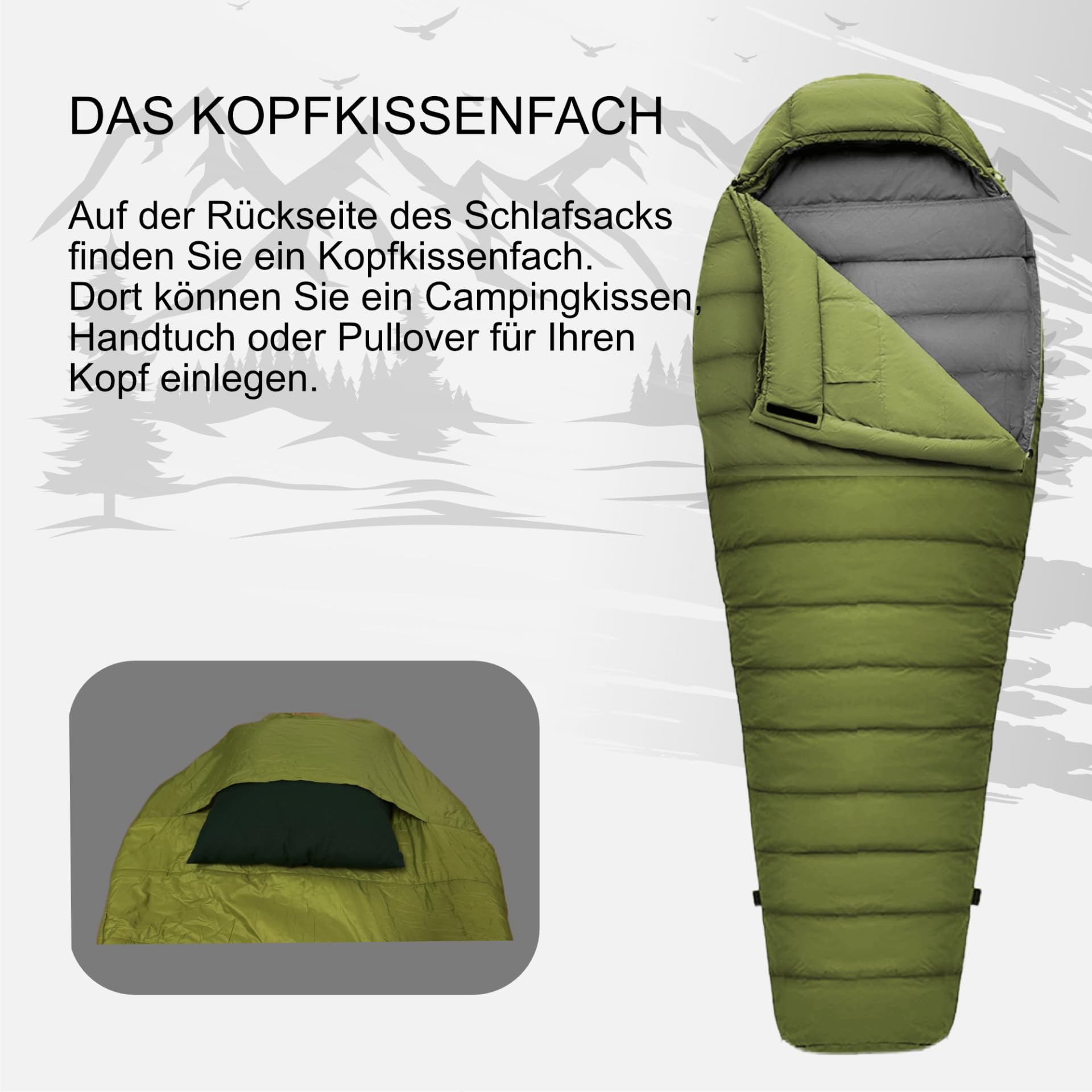 Mumienschlafsack Norskskin Ultralight 220 Grün Koppelbar Extrem - 6°C Schlafsack mit Kopfkissenfach