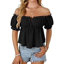 Vrtige Womens Off Shoulder Ruffle Trim Puff Short Sleeve Tie Front Pleated Babydoll Top Peplum Shirt Blouse