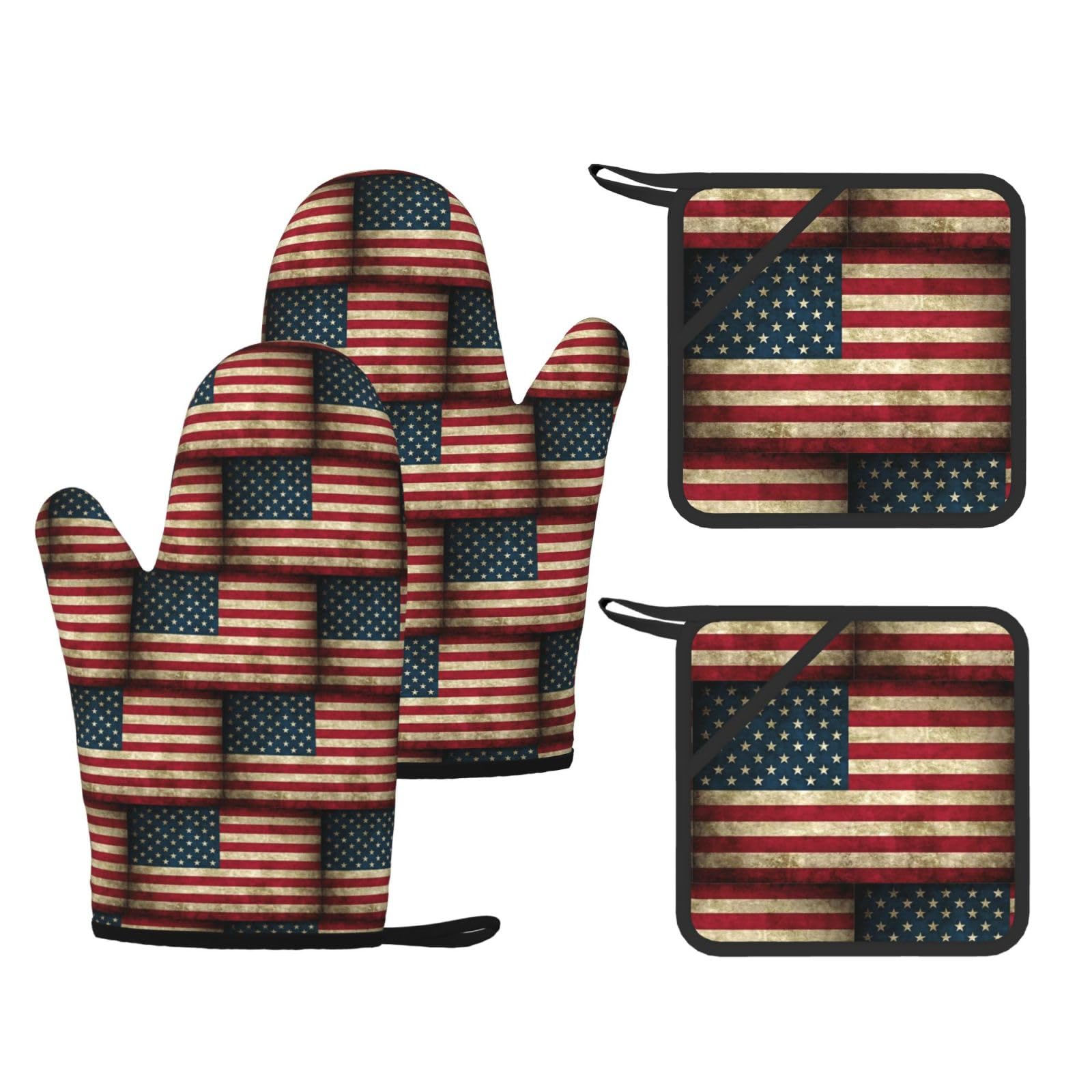 American flag Printed Kitchen Oven Gloves and Potholder 4 Pcs, Non-Slip Heat Resistant Mitts for Baking Chef