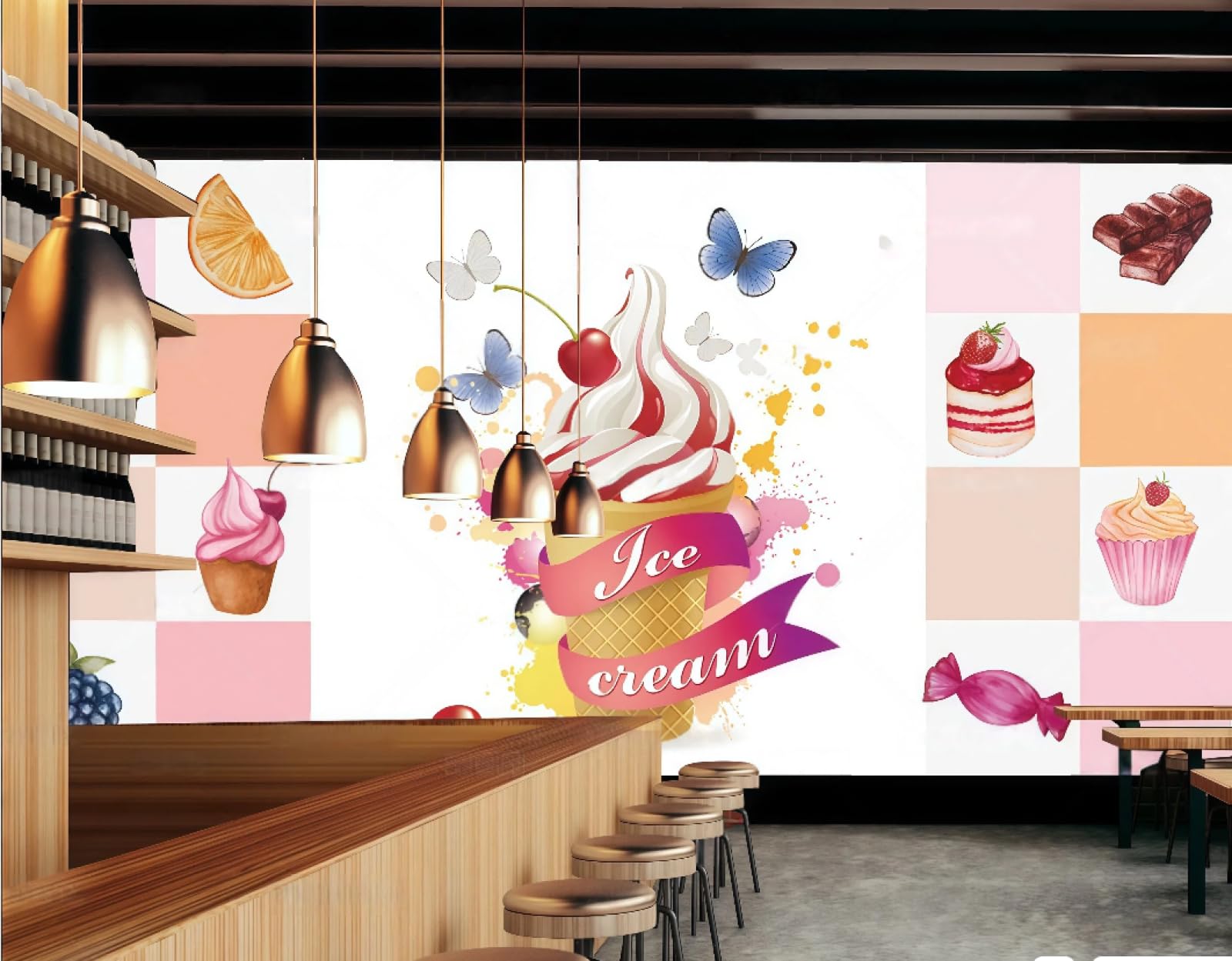 XDOUBAO Wallpaper Fashion Coffee Dessert Ice Cream Cake Shop Afternoon Tea Coffee Shop Background Mural Western Restaurant Wallpaper,3D,350x245cm