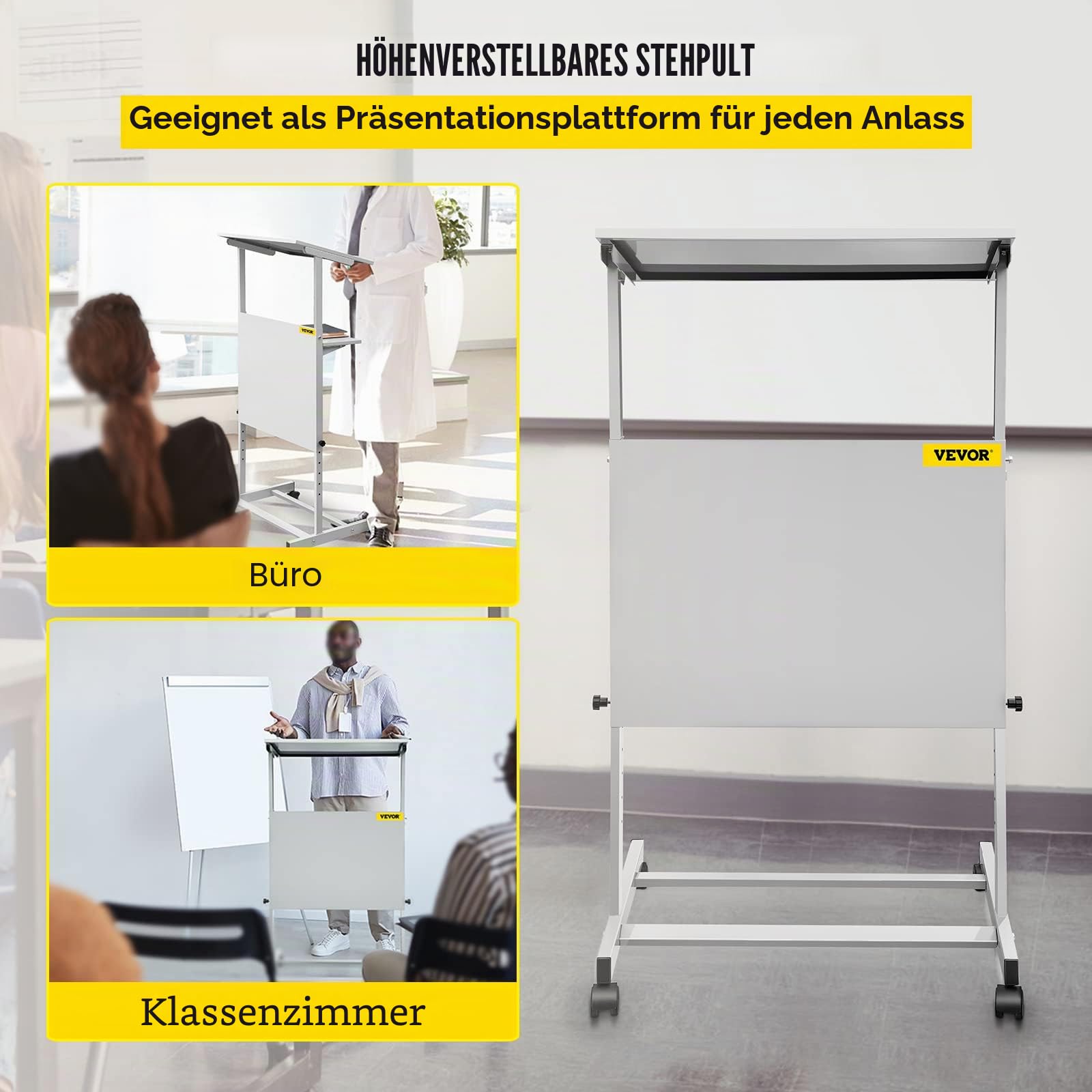 VEVOR Rednerpult Stehpult höhenverstellbar mit 4 Rollen 2-stufige Schichte, Mobil Schreibpult Stehtisch Pult Laptoptisch Weiß Stehschreibtisch aus SPCC Klassenzimmer Büro Hause Studio