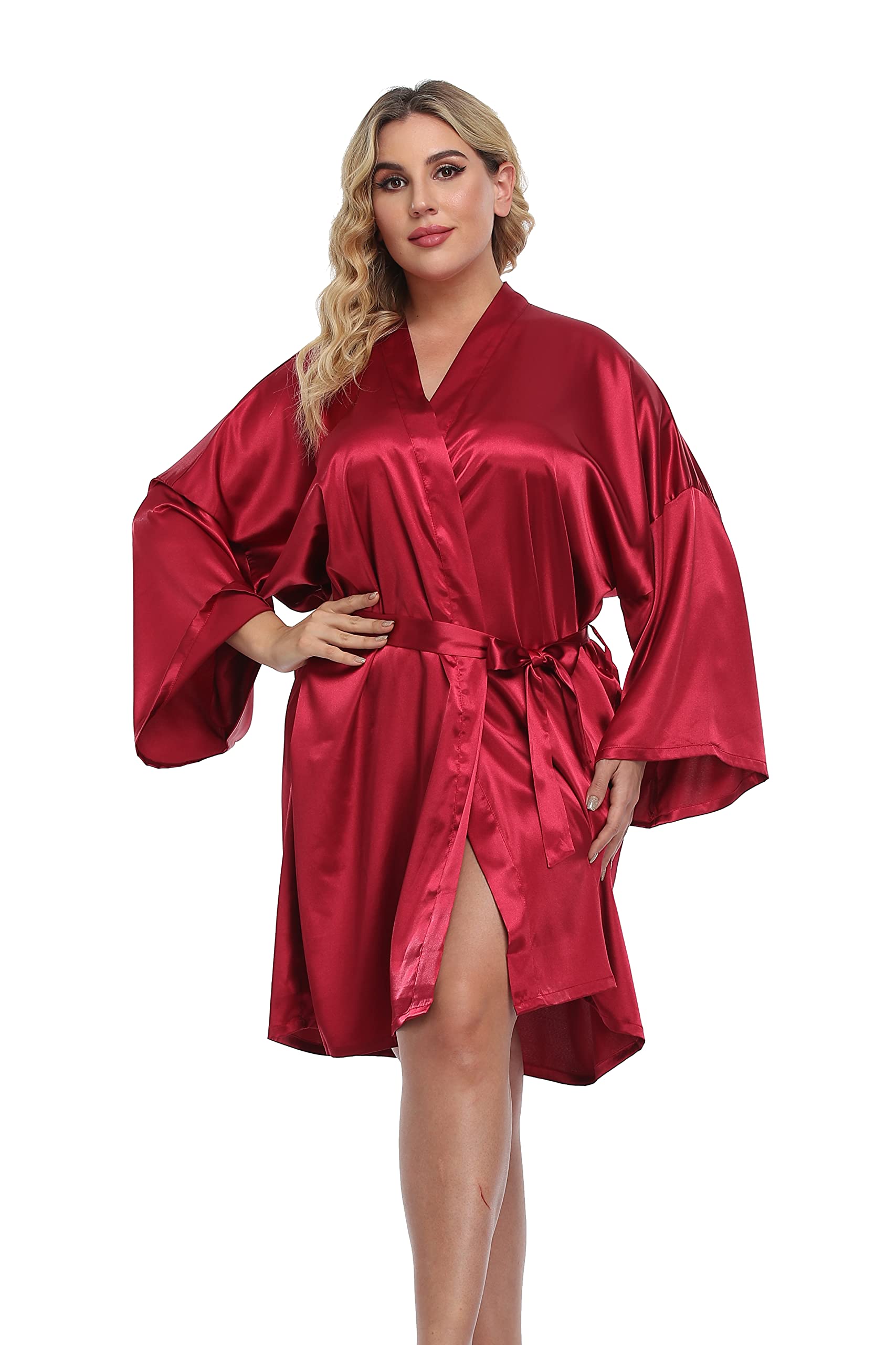 Womens Plus Size Short Silky Bathrobes Satin Kimono Robes Bride Bridesmaid Loungewear Soft Nightgown