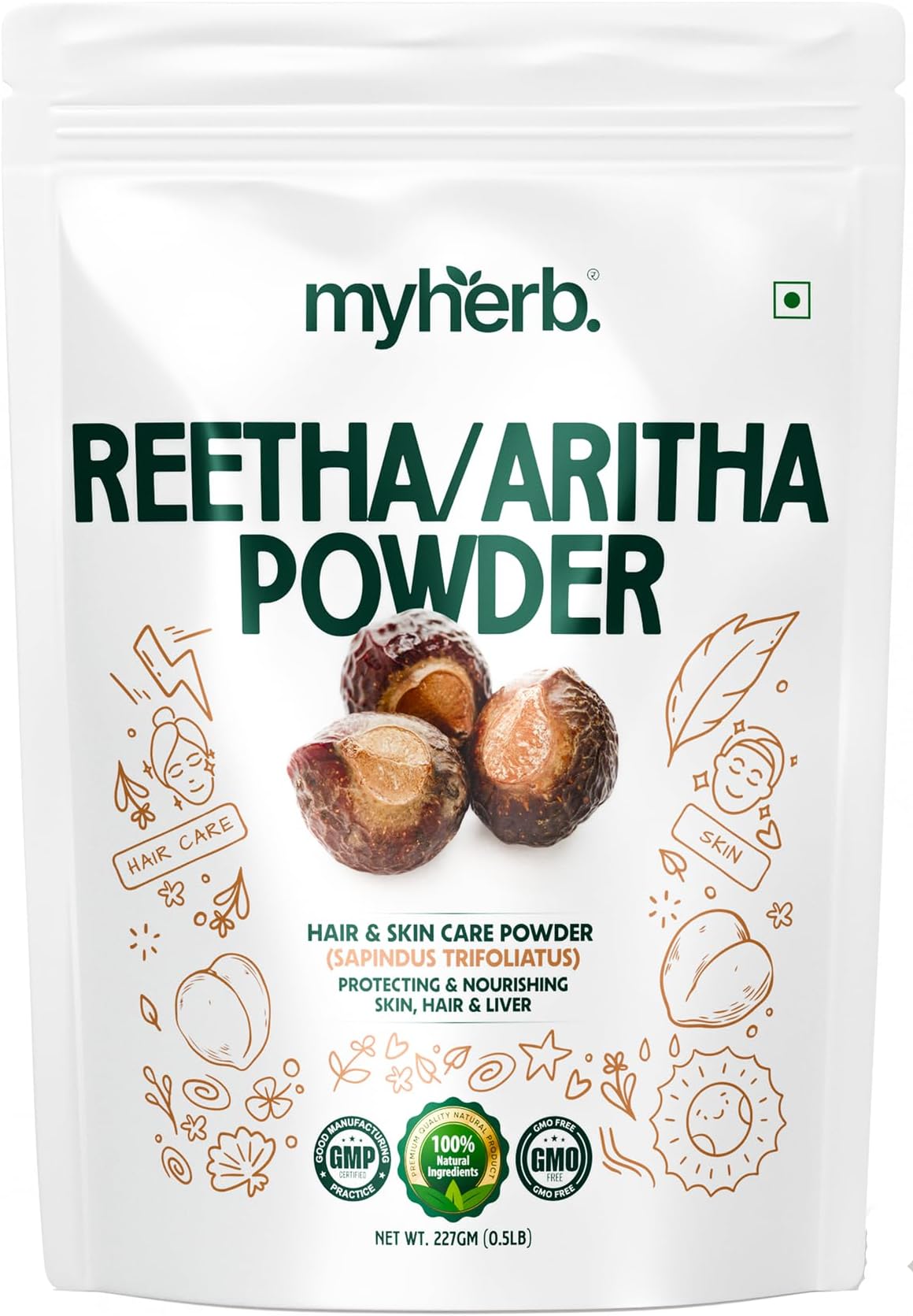 MYHERB Natural 100% Pure Organic Double Filtered Aritha/Reetha (Sapindus Trifoliatus) Powder || 227 Gm/0.5 Lbs || Ayurvedic Formula || For Face,Skin & Hair Care
