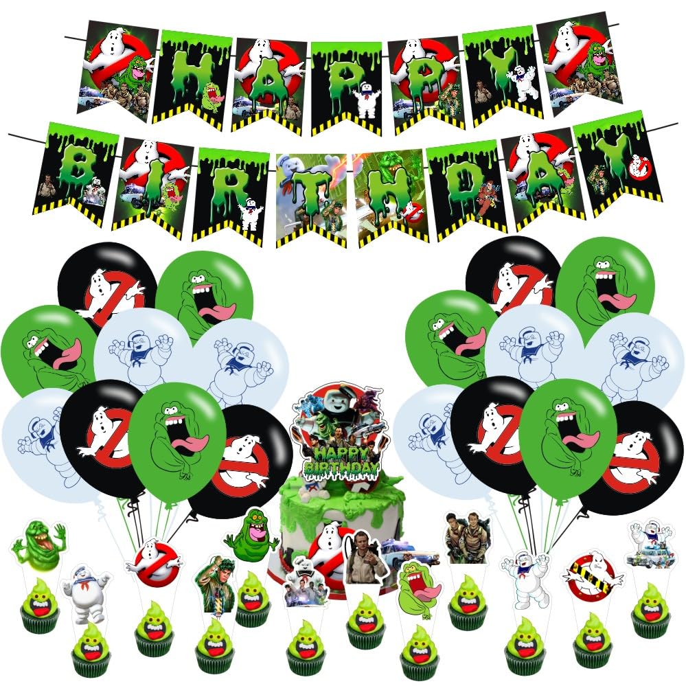 Ghost Birthday Decorations Include Happy Birthday Banner Cake Topper and Cupcake Toppers Balloons for Kids Party Supplies