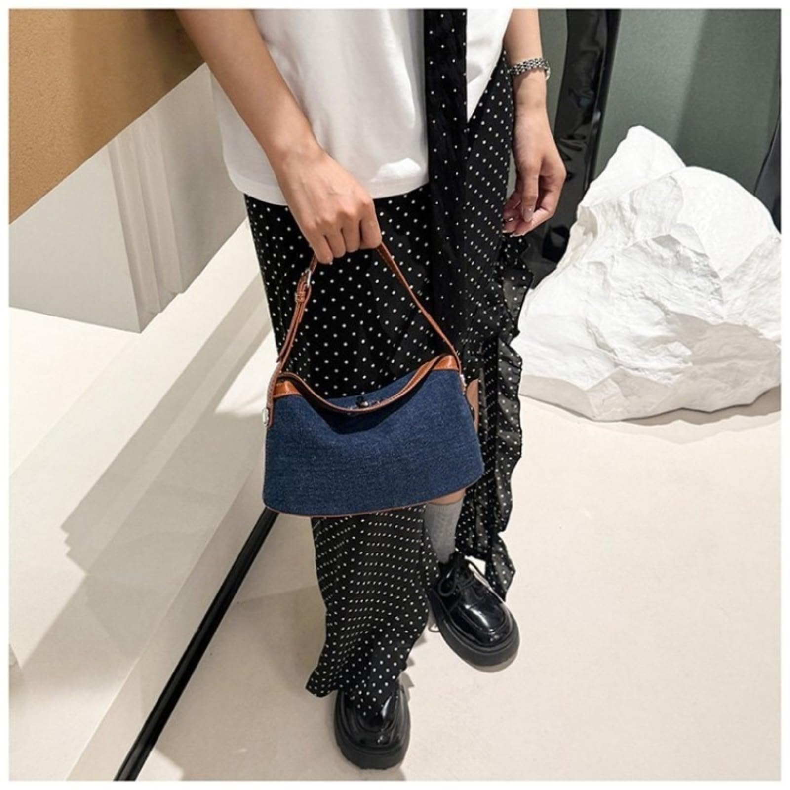 Bolso Mujer Hobo De Hombro Diario para Las Mujeres Denim Azul Claro con Cremallera Gran Capacidad Decoración Oscura-Blue