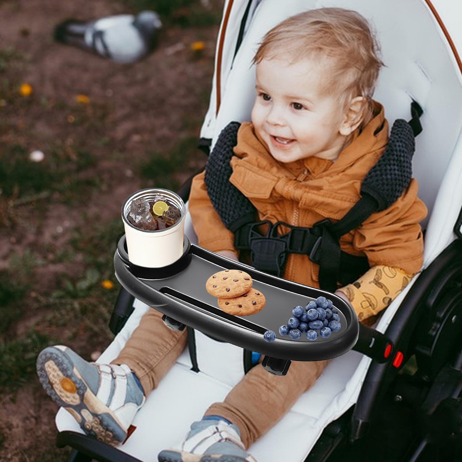 Vassoio per passeggino – vassoio per snack, supporto regolabile per telefono, stabile, funzione aggiornata, accessorio da viaggio, comodo organizer