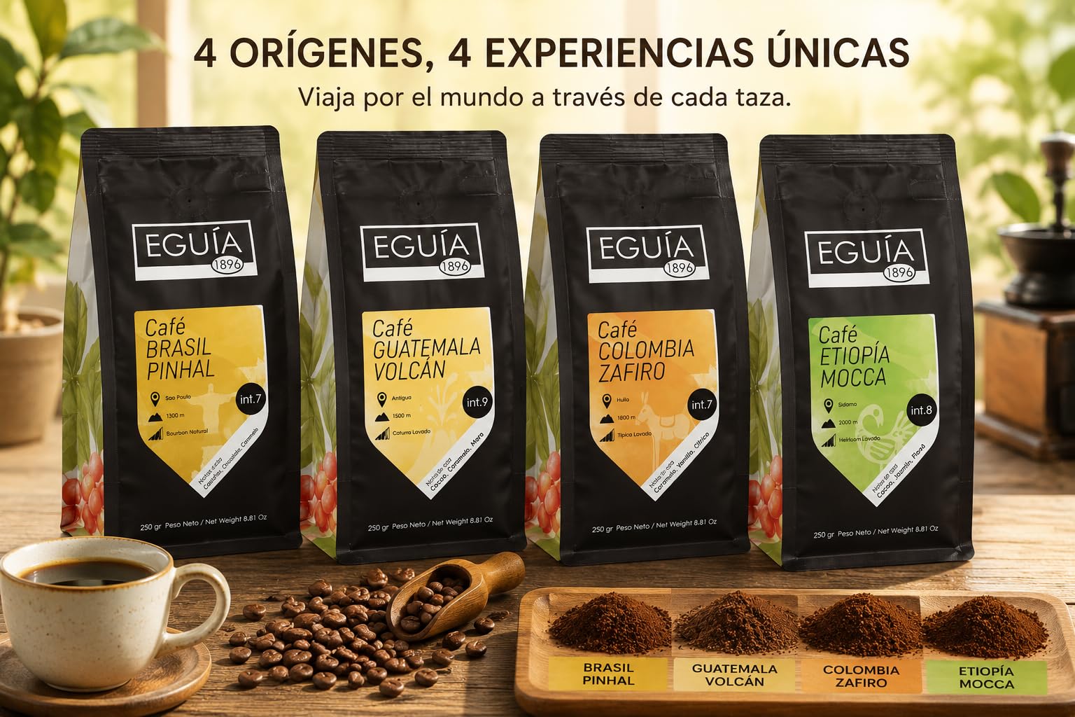 EGUIA Cafe en Grano Natural 100% Arabica - Pack Degustacion Espresso 4x250g - Cafes de Etiopia, Colombia, Guatemala y Brasil - Tueste Medio Gourmet Premium