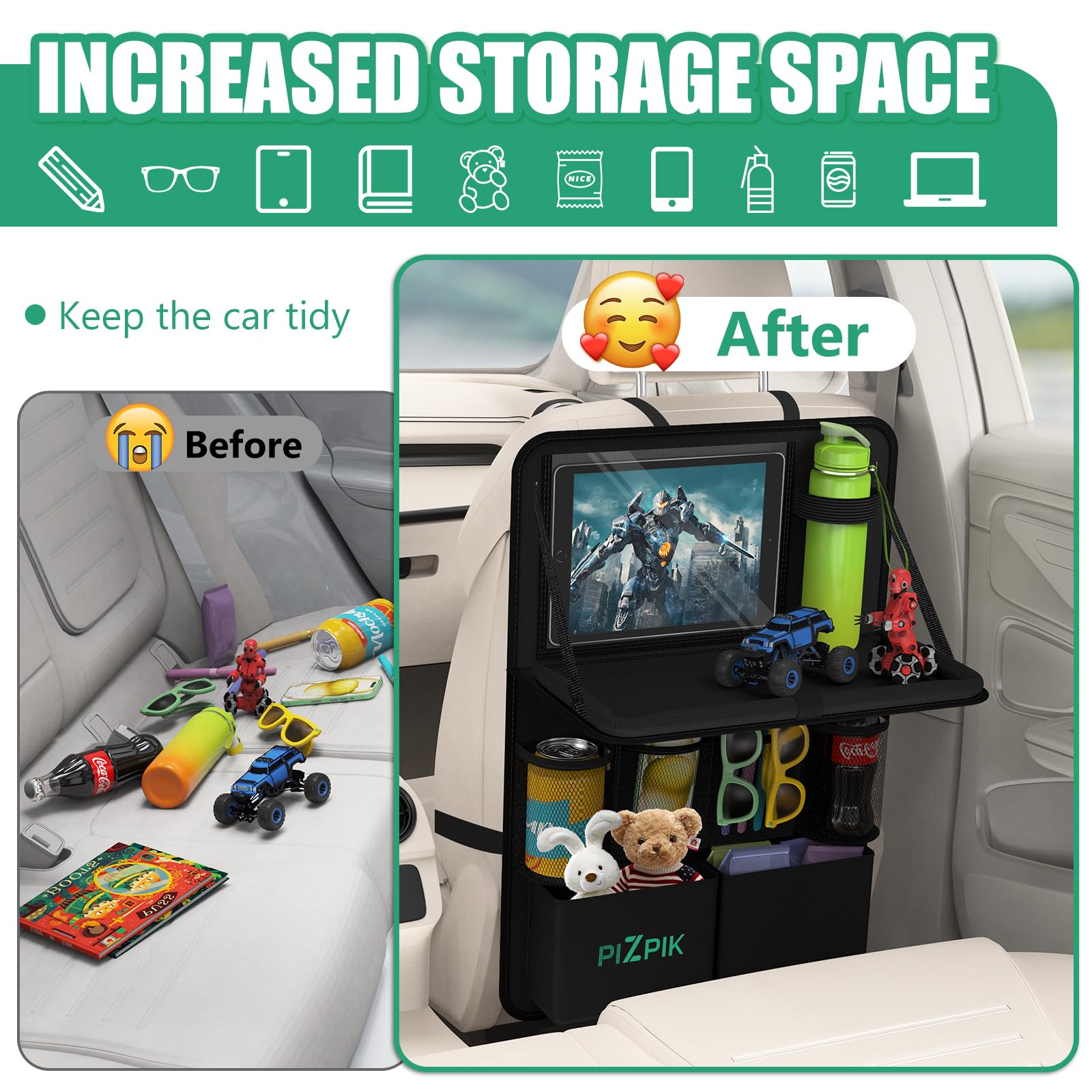 Plzpik Organizer per sedile auto con supporto per tablet, 11 tasche portaoggetti con vassoio pieghevole per alimenti, tappetino protettivo per bambini, accessori da viaggio