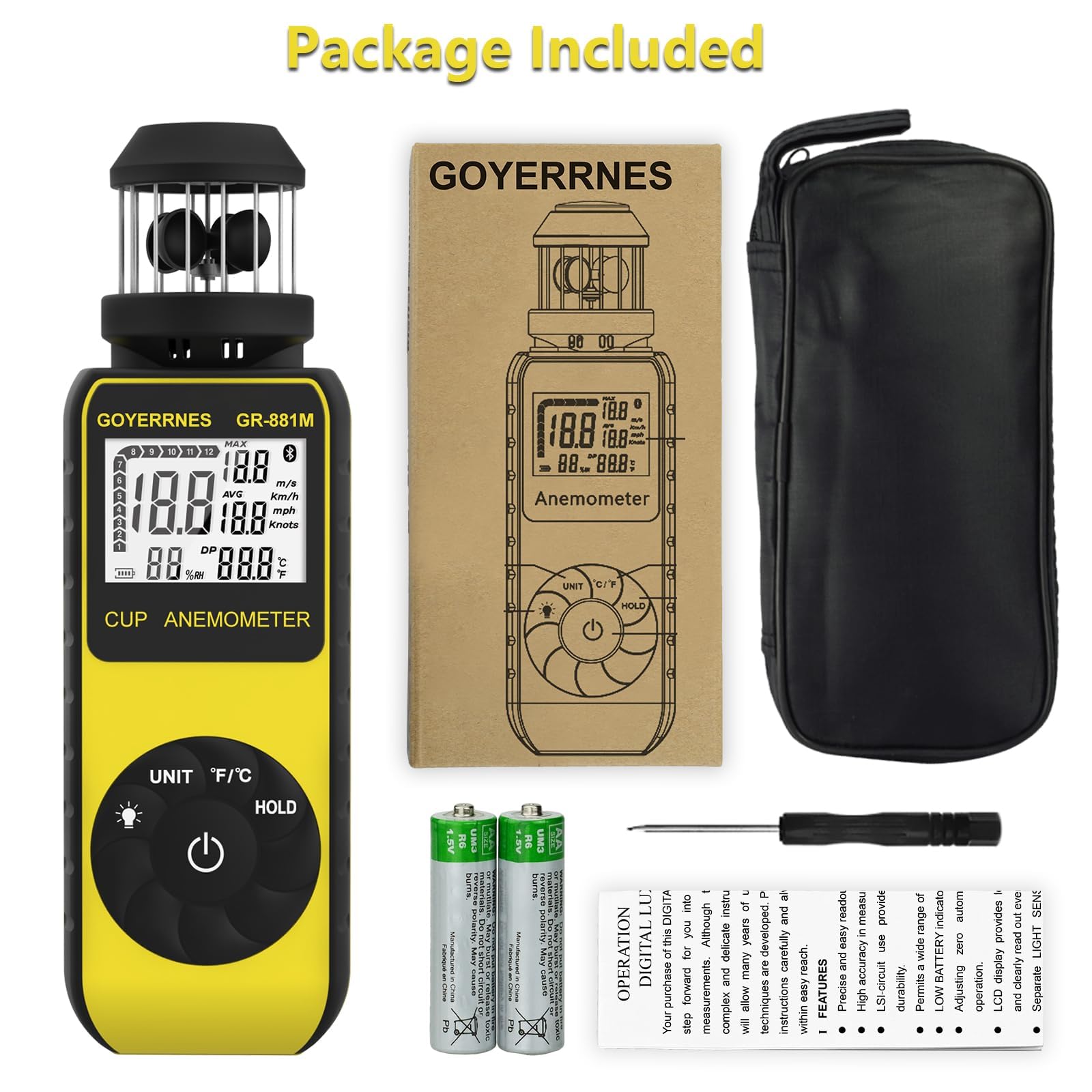 Anemometro digitale portatile con ventola, anemometro portatile, 881 m, misuratore di velocità con bussola