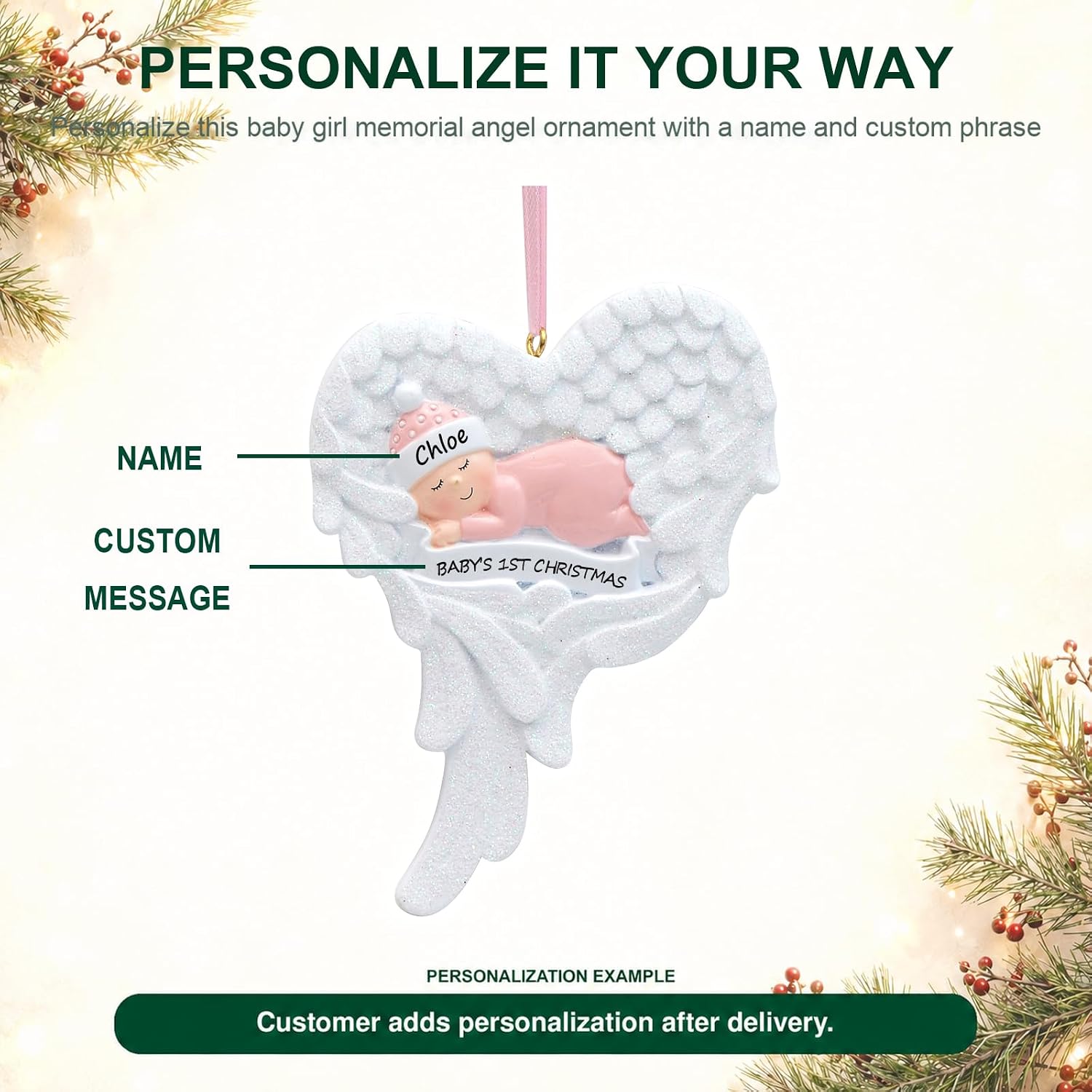 Baby's First Christmas Ornament 2026, Personalized Angel Baby Keepsake image 2