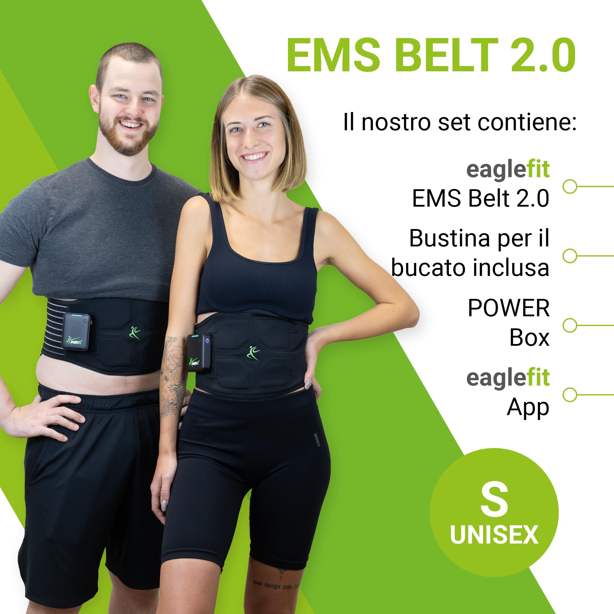 eaglefit Premium EMS-Belt 2.0 Cintura Addominale con 6 Elettrodi – Stimolazione e Sviluppo Muscolare per Addome e Schiena – Allenamento Fitness, Tonificazione, Combustione Grassi, con App Powerbox