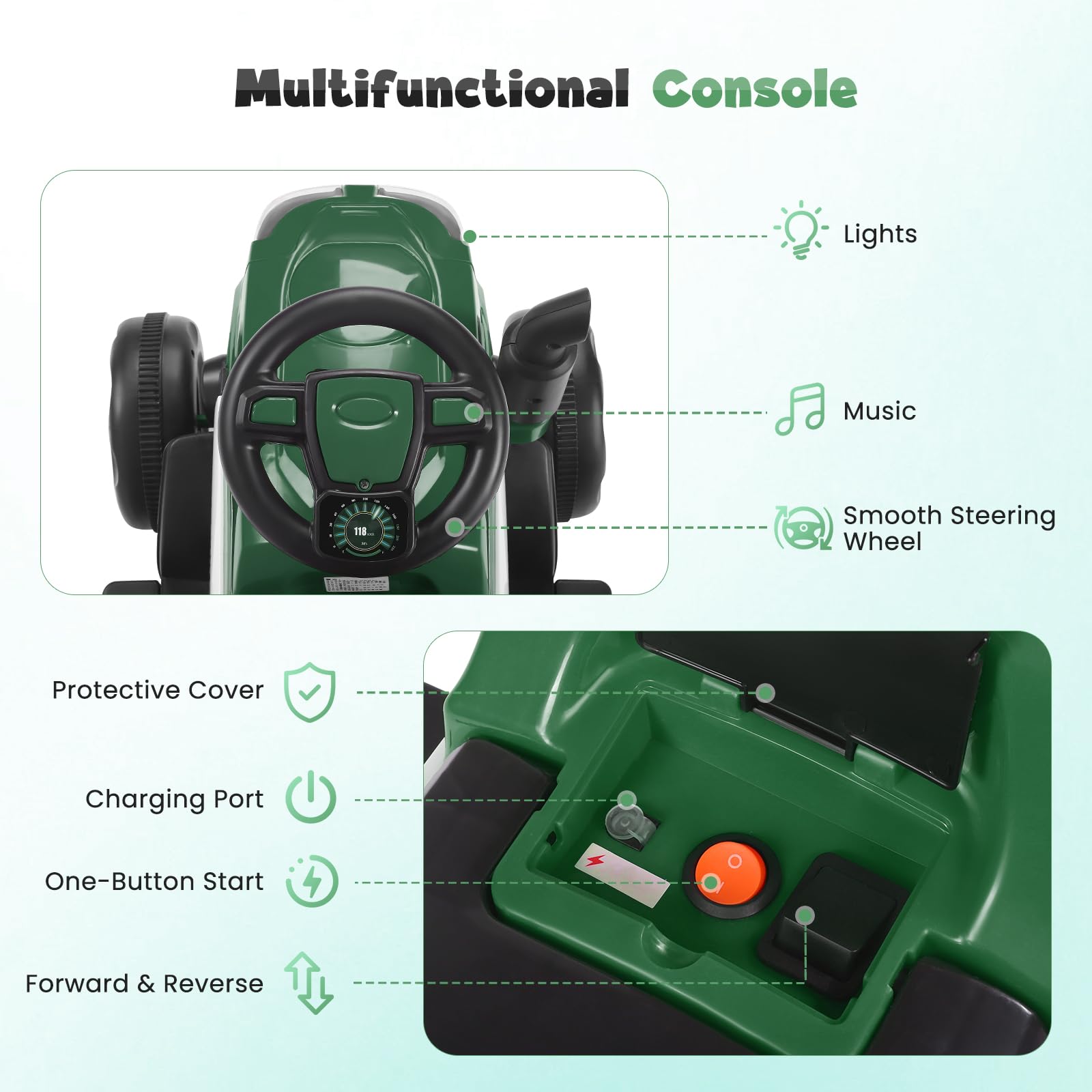 Trattore 6V a 3 velocità con rimorchio staccabile e telecomando 2.4G, trattore cavalcabile per bambini con luci a LED, musica, clacson e funzioni USB, adatto ai bambini (verde)