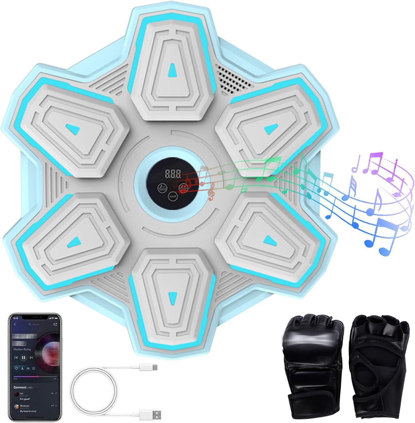 Music Boxing Machine with Boxing Gloves, 8 Rhythm Modes, Smart Bluetooth Musical Boxing Machine, Wall Mounted Workout Equipment for Adults Kids,Blue