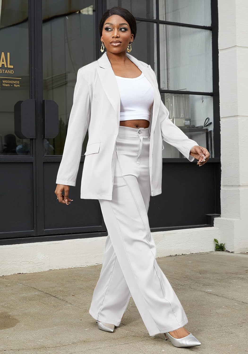 Vakkest Women 2 Piece Pant Suits Set Business Casual Outfits Long Sleeve Blazer High Waisted Wide Leg Work Pants - Image 5