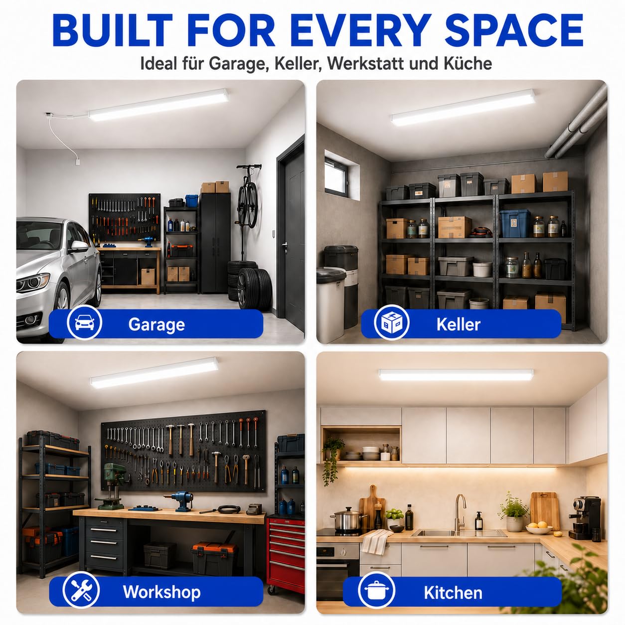 BrightFly Lampada a LED per ambienti umidi, 30 W, striscia luminosa a LED da 1,2 m, 4 pezzi, luce bianca fredda super luminosa, 6500 K, con spina europea, ideale per garage, cantina, officina