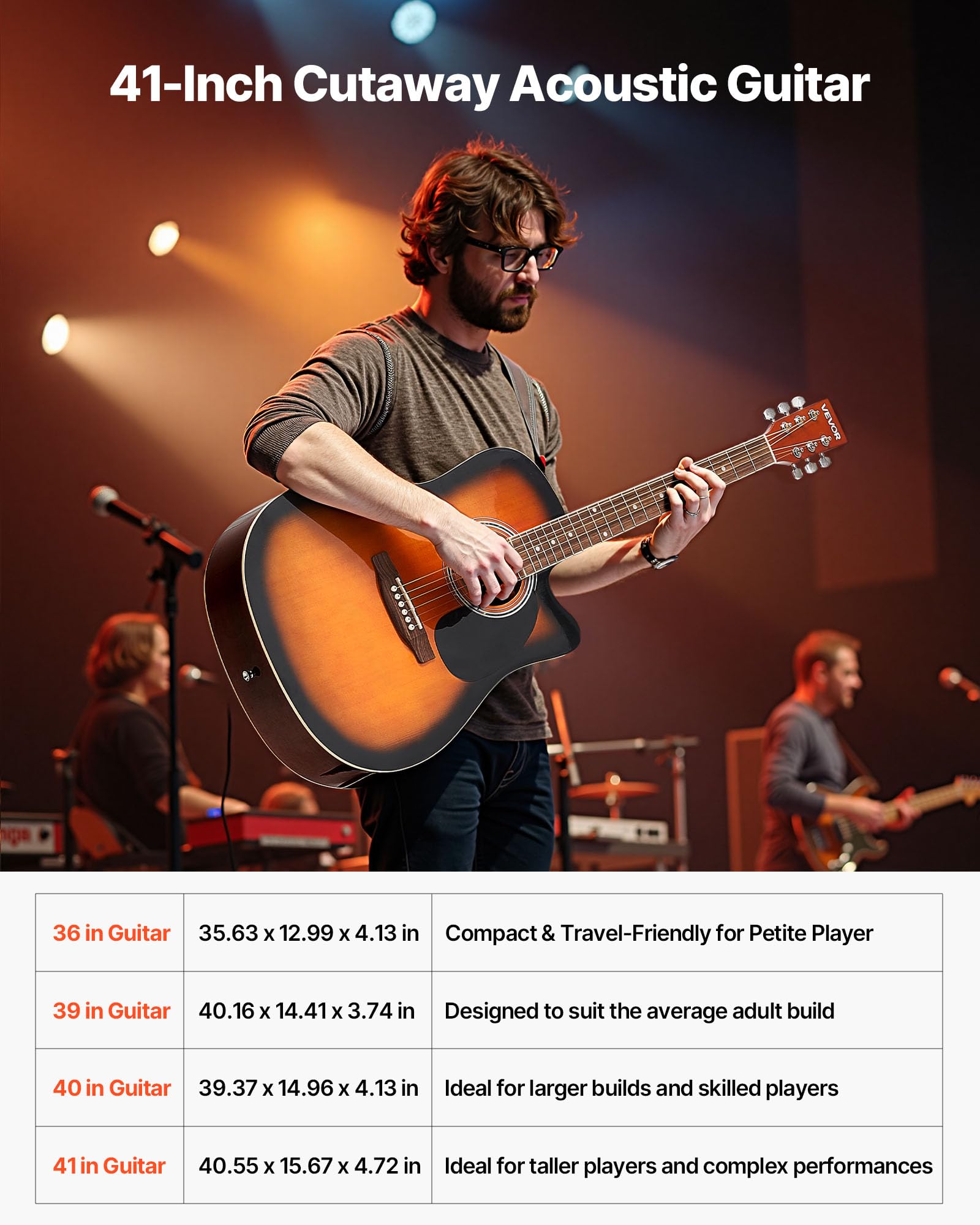 VEVOR Elektro Akustische Gitarre Cutaway 1041,4 mm, Anfängerpaket mit Gigbag, Stimmgerät, Gurt, Stahlsaiten, Plektren, Kapodaster, Palisandergriffbrett, für Fingerstyle-Solo-Jazz, Sunburst
