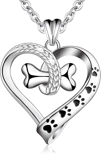 EUDORA Collar de plata de ley 925 con diseño de patas de perro con hueso colgante en forma de corazón de 18 pulgadas regalo para dueño del perro 30