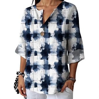 Womens Botanical Print V Neck Blouse Three Quarter Sleeve Loose Fit Casual Top for Spring Fall