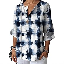 Womens Botanical Print V Neck Blouse Three Quarter Sleeve Loose Fit Casual Top for Spring Fall