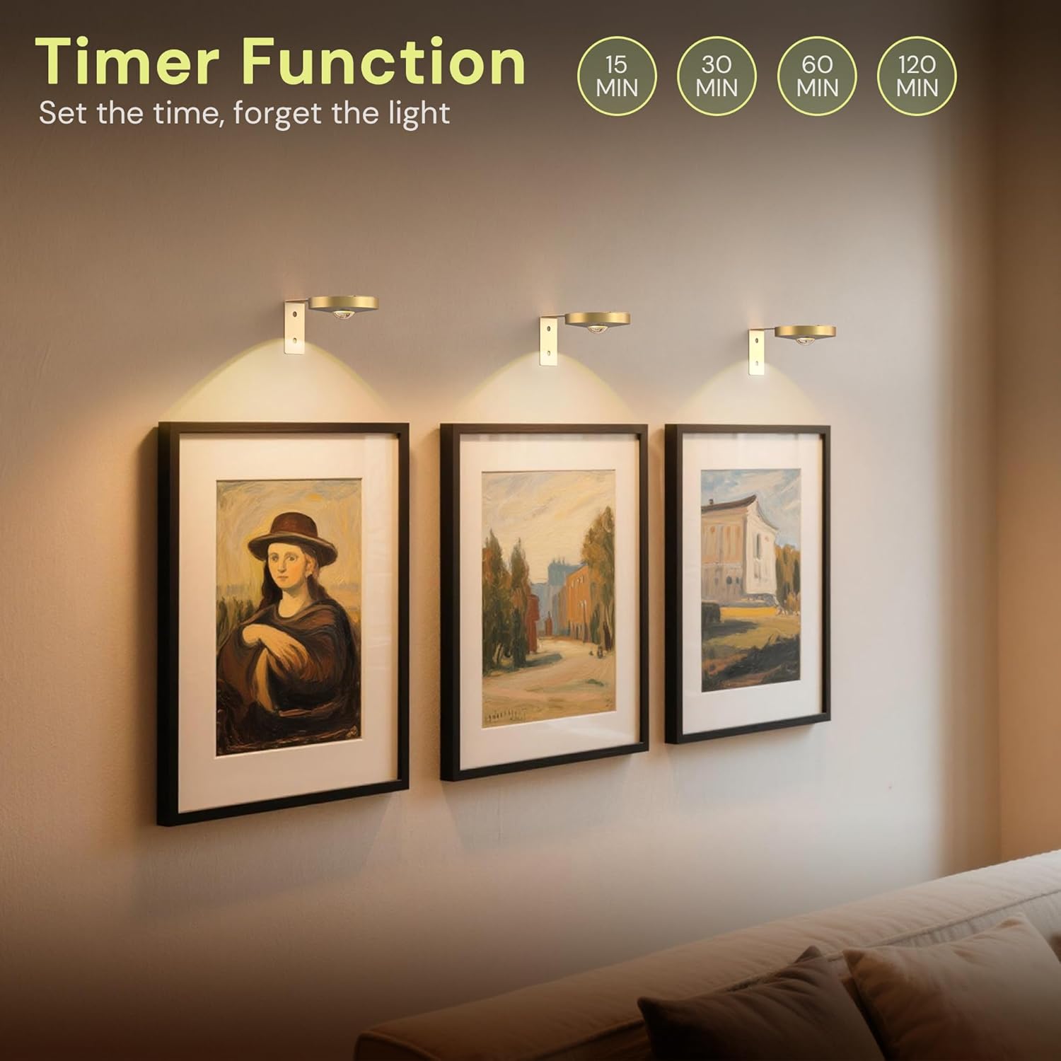 L LOHAS LED Gold Wireless Picture Lights for Wall, 3 Pack Magnetic Rechargeable 1200mAh Battery Operated Picture Light with Remote & Timer, Dimmable 3CCT Art Light for Paintings, Frames, Gallery