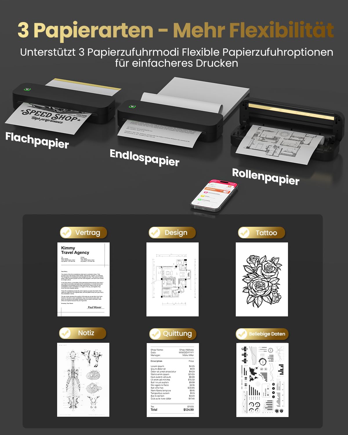 Tragbarer Thermodrucker, A4, ohne Tinte, Bluetooth-Tattoo-Drucker, kompatibel mit Android & iOS mit Computer, Thermokopierer für Reisen, Arbeit und Zuhause