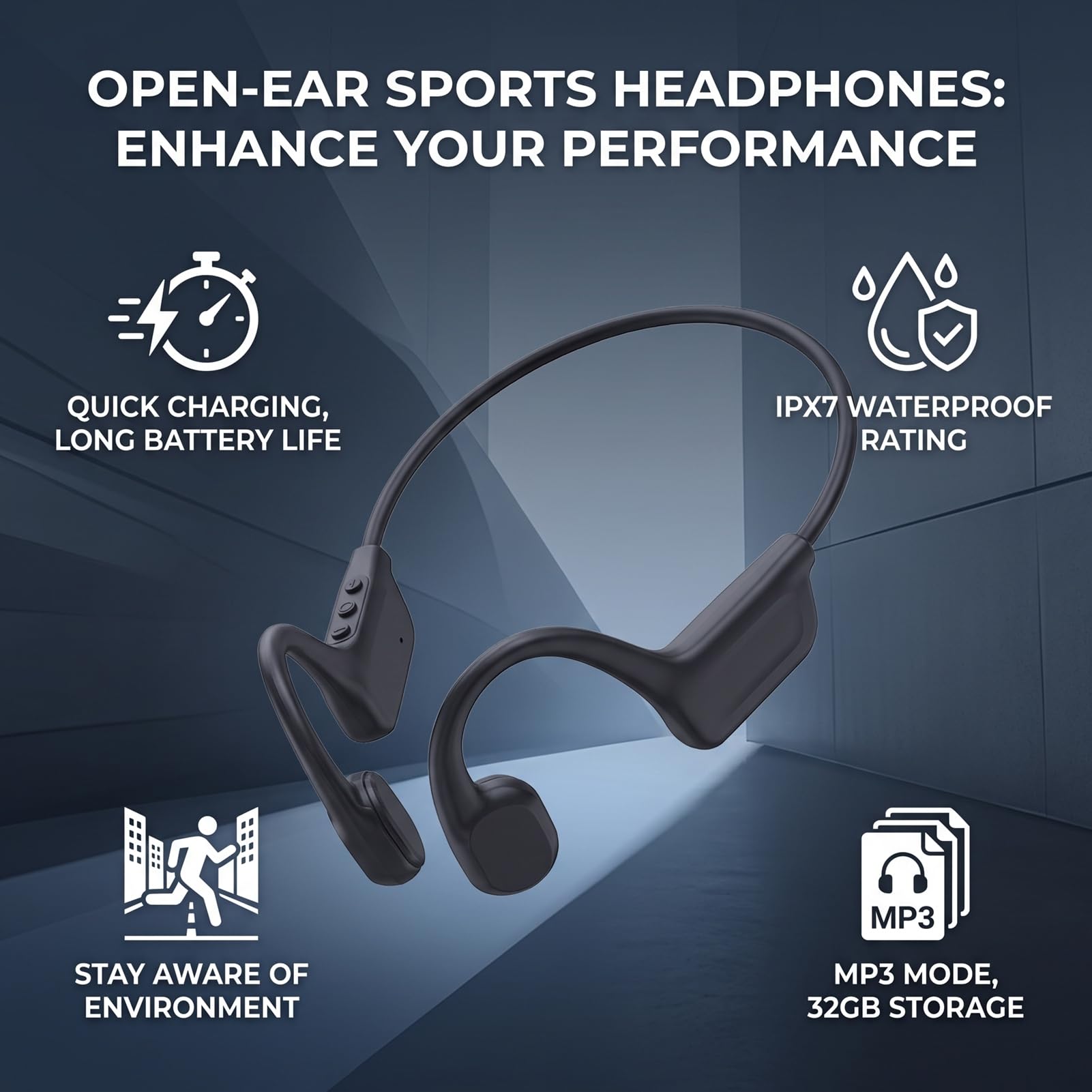 SENECESLI Écouteurs de Sport Bluetooth à Conduction Osseuse, Noir, (Black)