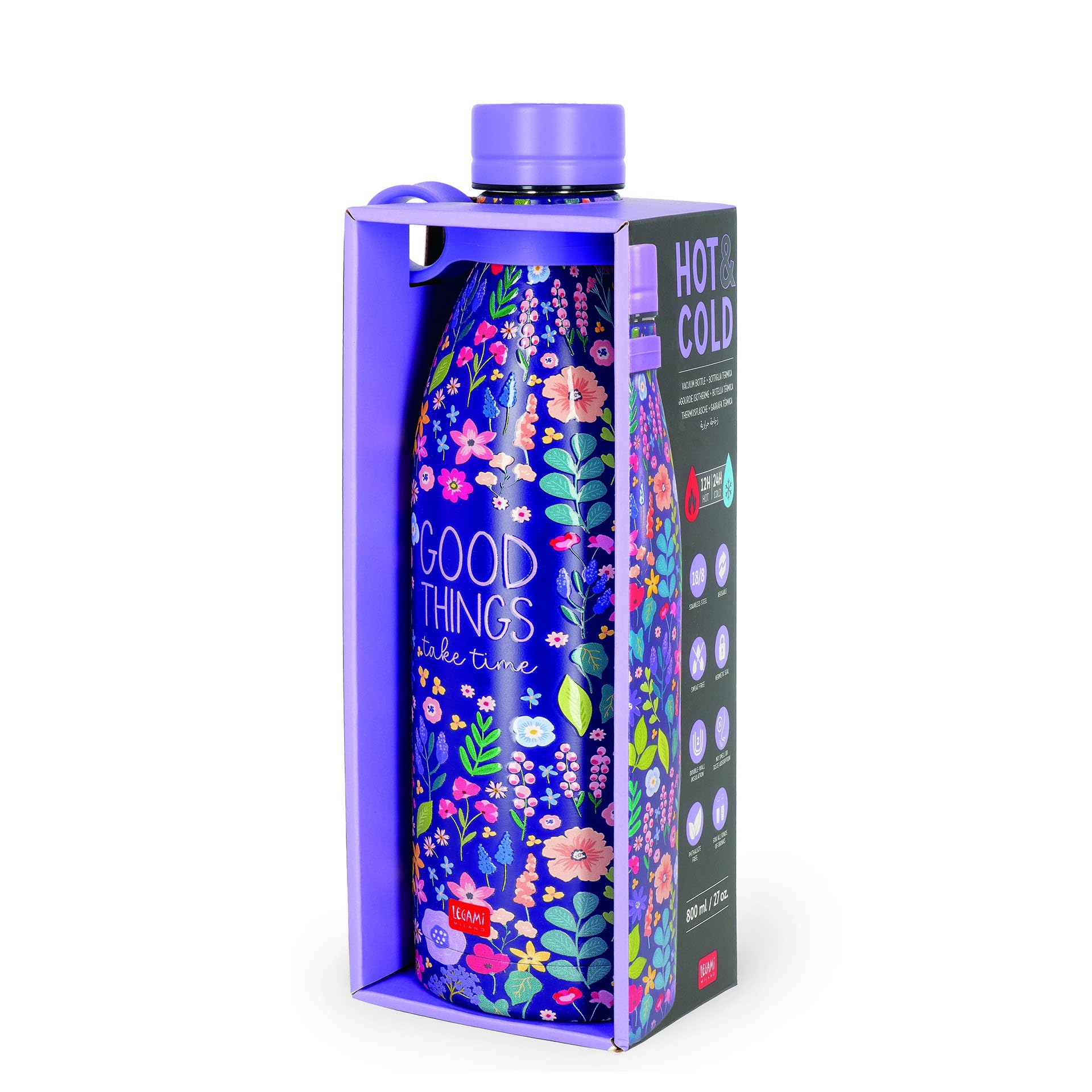 Legami - Bottiglia Termica Hot&Cold, Flowers, 800 ml, Chiusura ermetica, 12 Ore Bevande calde 24 Ore fredde, Manico in Silicone rimovibile, in Acciaio inox, senza BPA