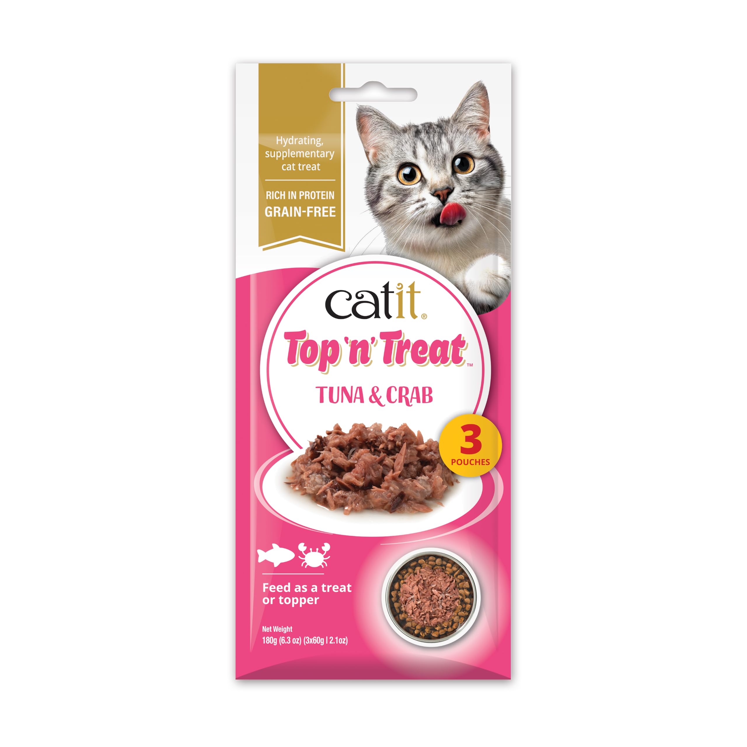 Catit Top N Treat, Wet/Dry Cat Food Topper, Grain-Free Cat Treat Topper, Tuna & Crab Flavour, 3x60g