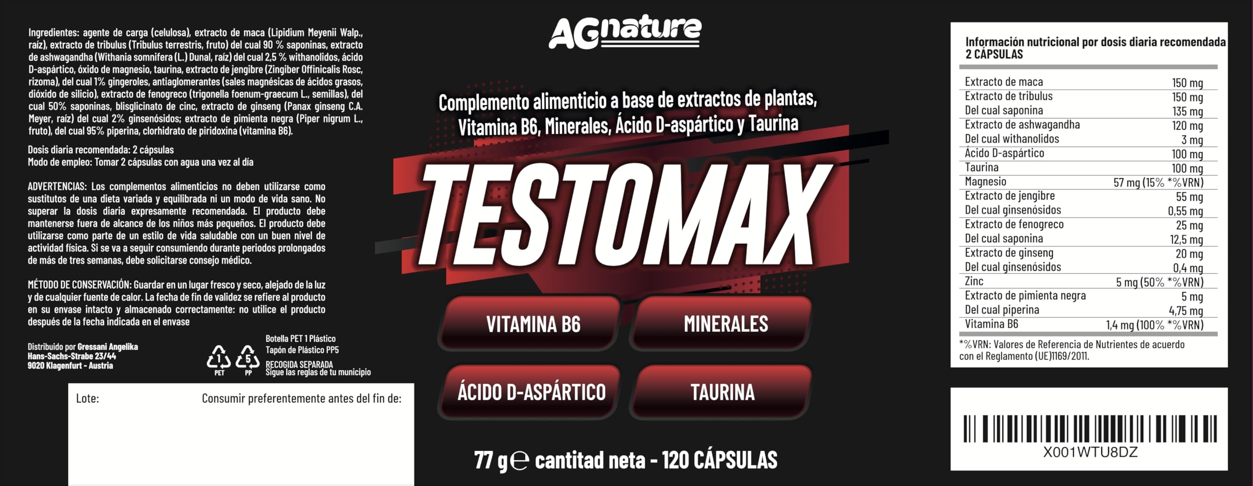 AG nature Testosterona Hombre Aumento Masa Muscular x Gimnasio 120 Cápsulas | Suplemento Fuerte Energizante con Maca Peruana, Magnesio, Zinc y Vitamina B6