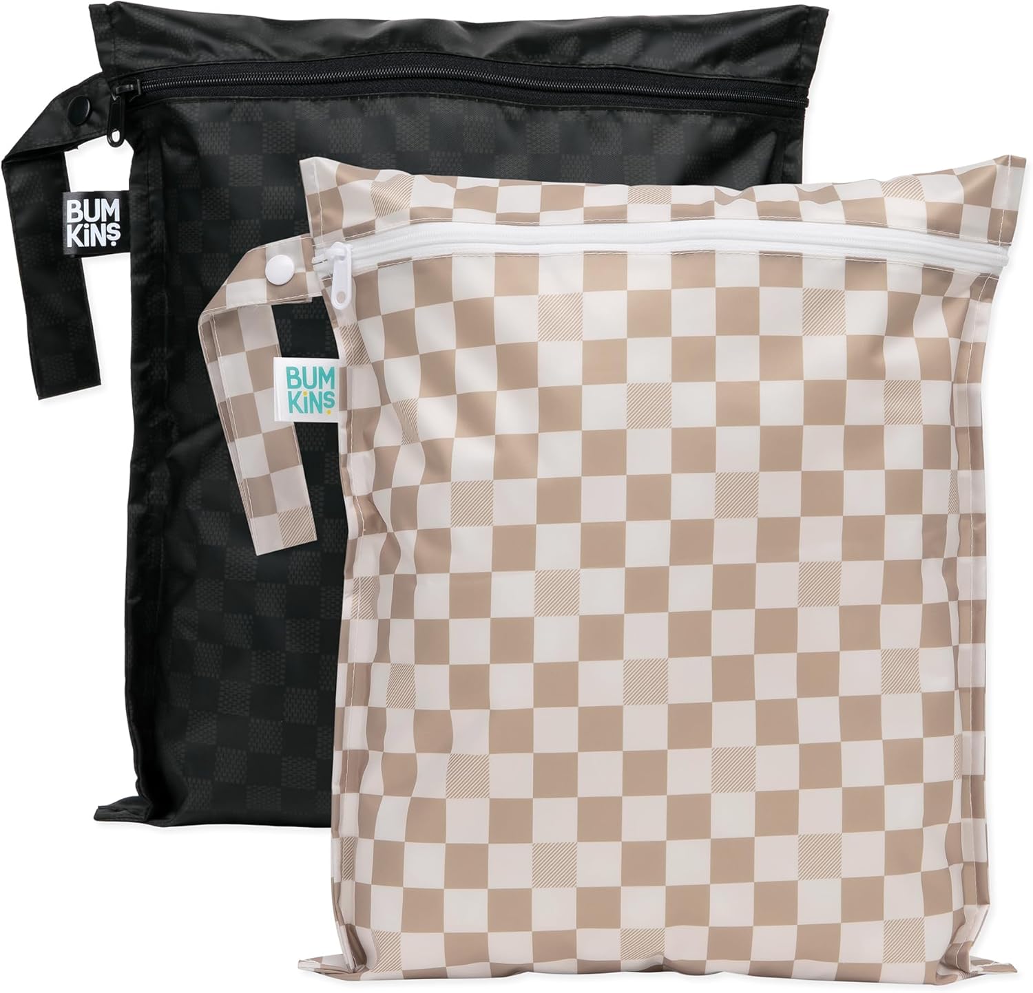 Bumkins – Waterproof Wet Bag – For Baby, Travel, Swim Suit, Cloth Diapers, Pump Parts, Pool, Gym, Toiletry, Strap to Stroller – Reusable & Easy to Clean – 2pk – Beige & Black Check