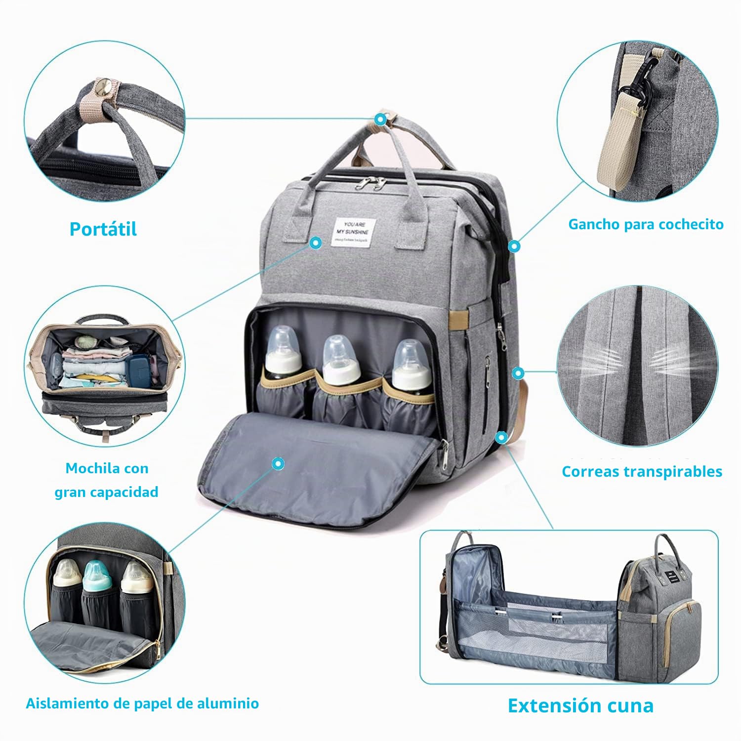 Mochila para Pañales Plegable,Bolsa de Cambio de Pañales Portátil,mochila para bolsa de bebé,Bolsa de Pañales Convertible,Gran Capacidad, Impermeable,para Bebépara cochecito (Gris)