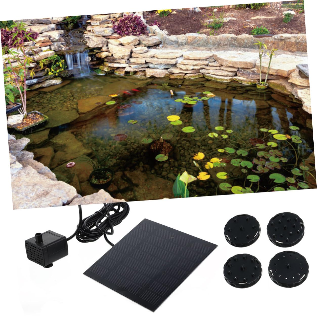 Pompa Solare per Fontana Galleggiante da Giardino 200l/h Nero | Plastica, Altezza Massima 70cm, 6 Ugelli per Diversi Getti, per Vasca e Laghetto