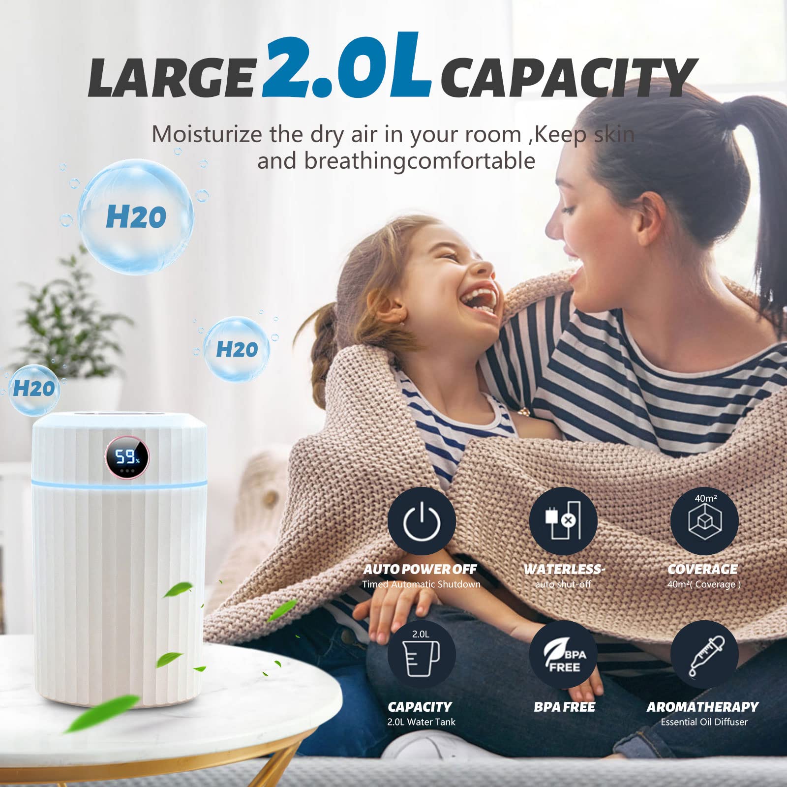 Humidificateur Top-Fill, 2L Humidificateur Ultrasonique Silencieux avec Thermo-Hygromètre Duple Buse 36 Heures Temps de Fonctionnement Arrêt Automatique 7 Types de Lumières pour Maison Chambre