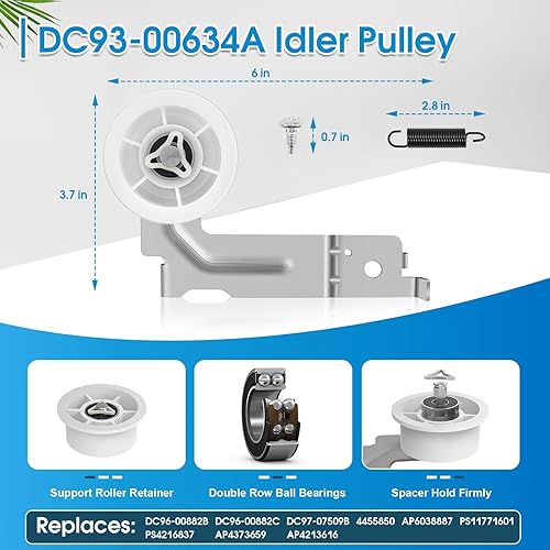 Miniatura 4 de Kit de reparación de secadora de repuesto para rodillo de tambor Samsung DC97-16782A, correa de secadora 6602-001655, polea tensora DC93-00634A,