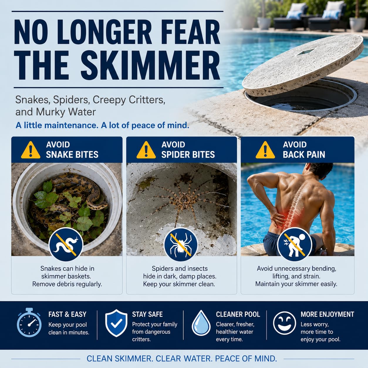 Kleiner Pool-Skimmer tiefes Netz und Haken zur Reinigung der Skimmer / 2 universelle Skimmergriffe / Skim rund um den Pool und Whirlpool mit der leichten Stange
