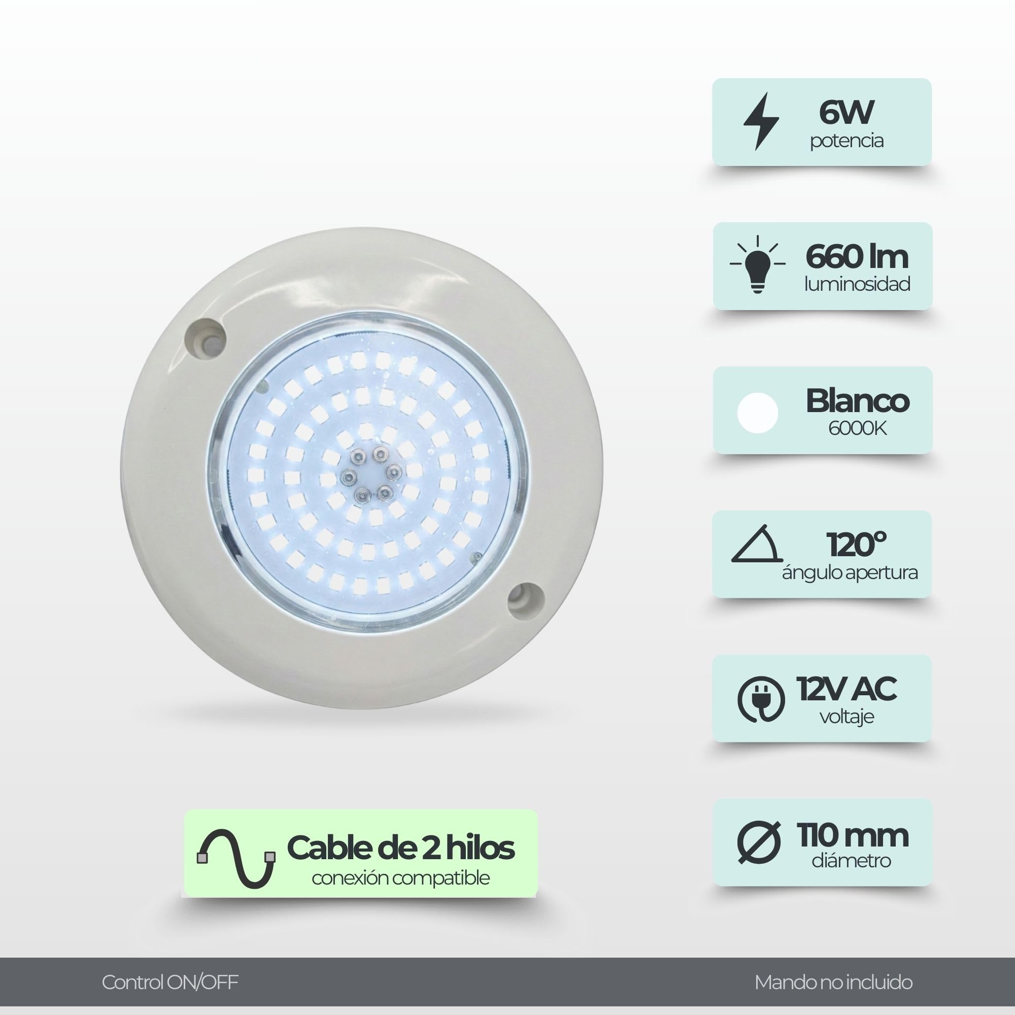 SWIMHOME Warmpool Foco LED Mini de Superficie para Piscina y Escalera, Blanco Frío 6000K, 6W, Resina Epoxy, Ø11cm