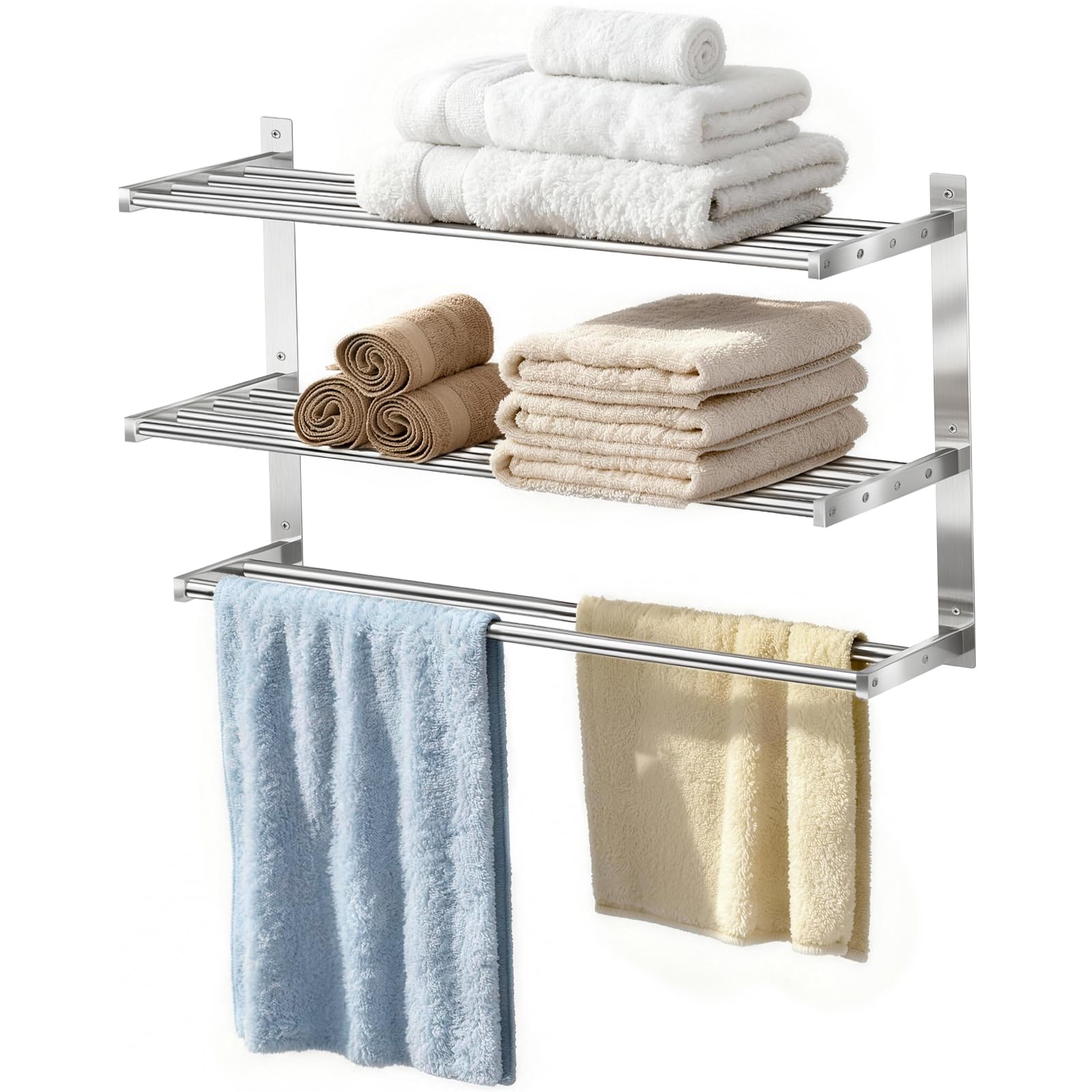 Towel Rack with Shelf 24 inch, 3 Tier Towel Racks for Bathroom Wall Mounted, Stainless Steel Bathroom Shelf with Double Towel Bars, Hotel Bath Towels
