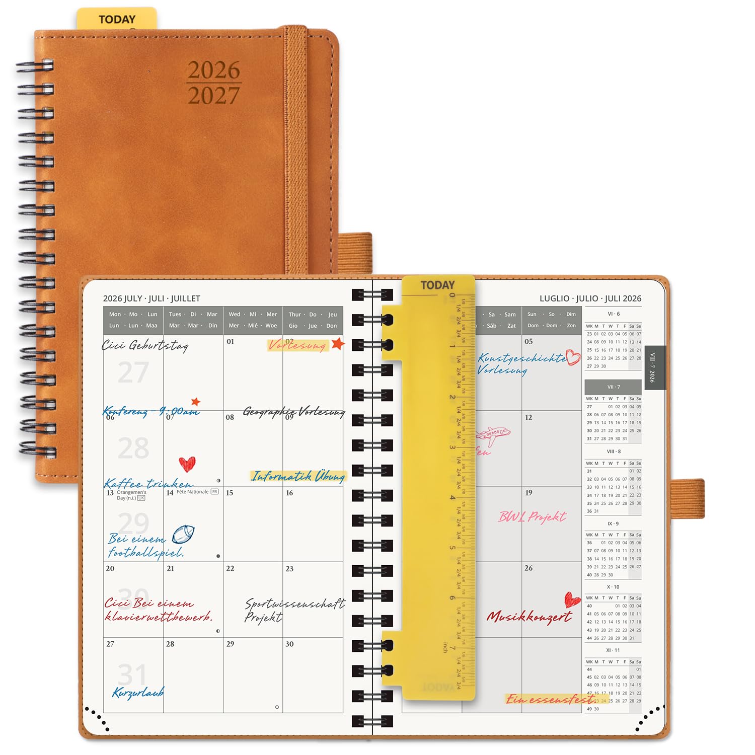 POPRUN Taschenkalender 2026 2027 Spiralbuch Monatsplaner ca.A6(15,6 x 10cm) | 18 Monate Monatskalender,(Jul.2026-Dez.2027),Softcover mit PU-Leder,1 Monat 2 Seiten,100 GSM Papier(Braun)