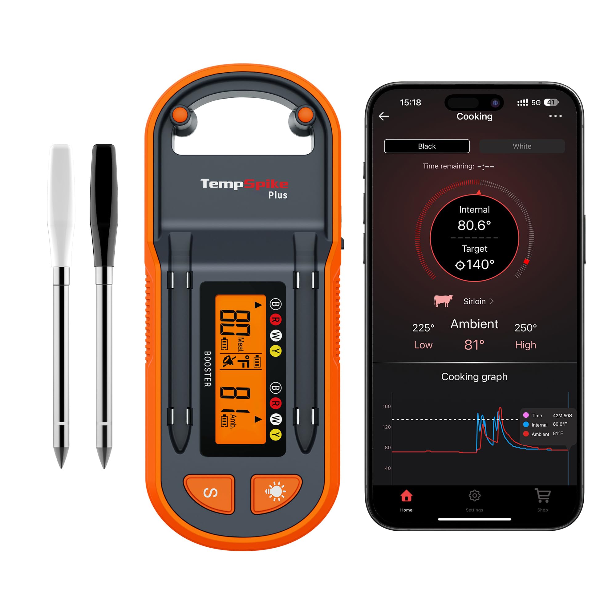 ThermoPro TempSpike Plus 600ft Wireless Meat Thermometer with 2 Color-Coded Probes, Bluetooth Meat Thermometer Wireless with LCD-Enhanced Booster for Food Cooking Grill Smoker