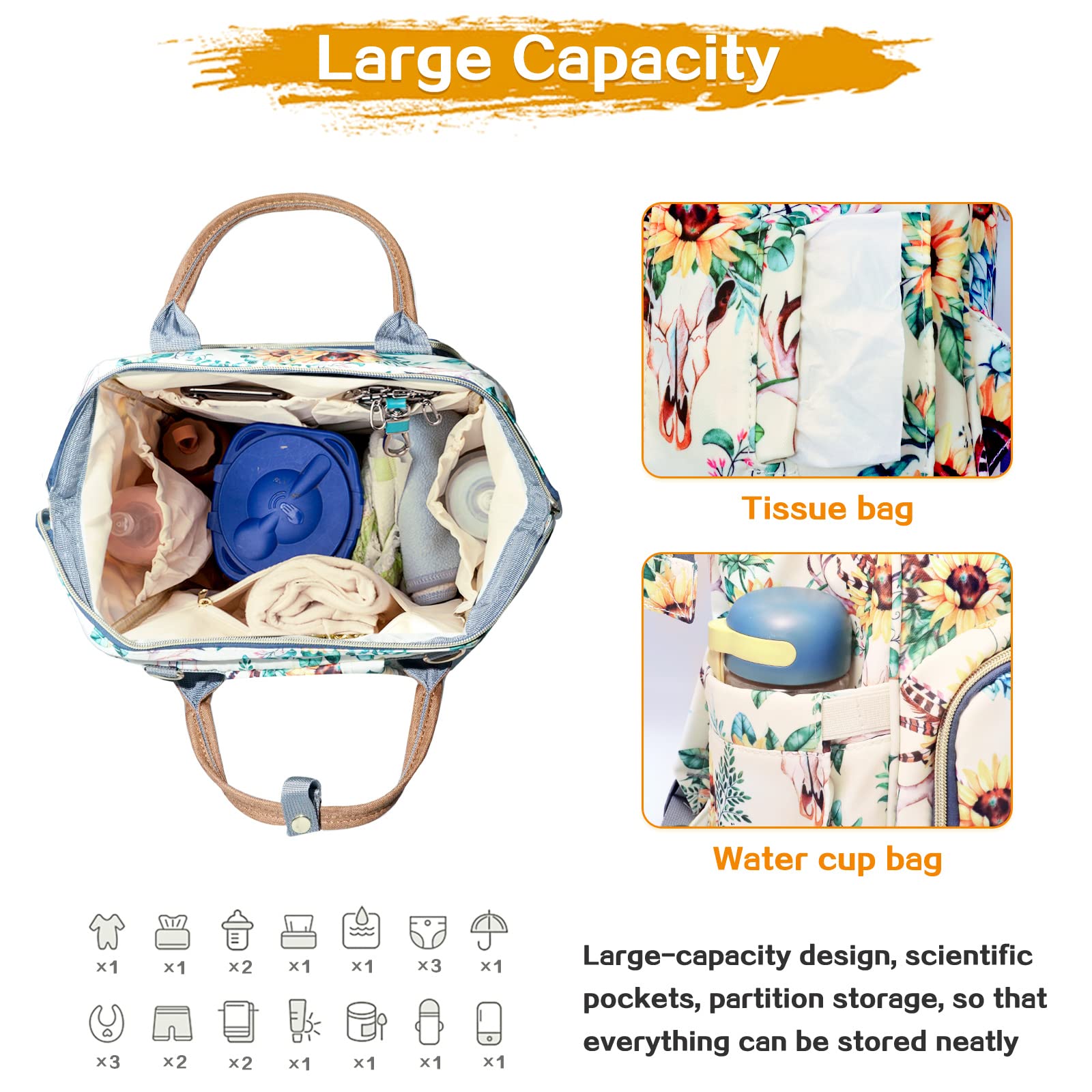 Wickeltasche mit Blumenmuster, wasserdicht, für Damen, Reise-Windeltasche (weiß)
