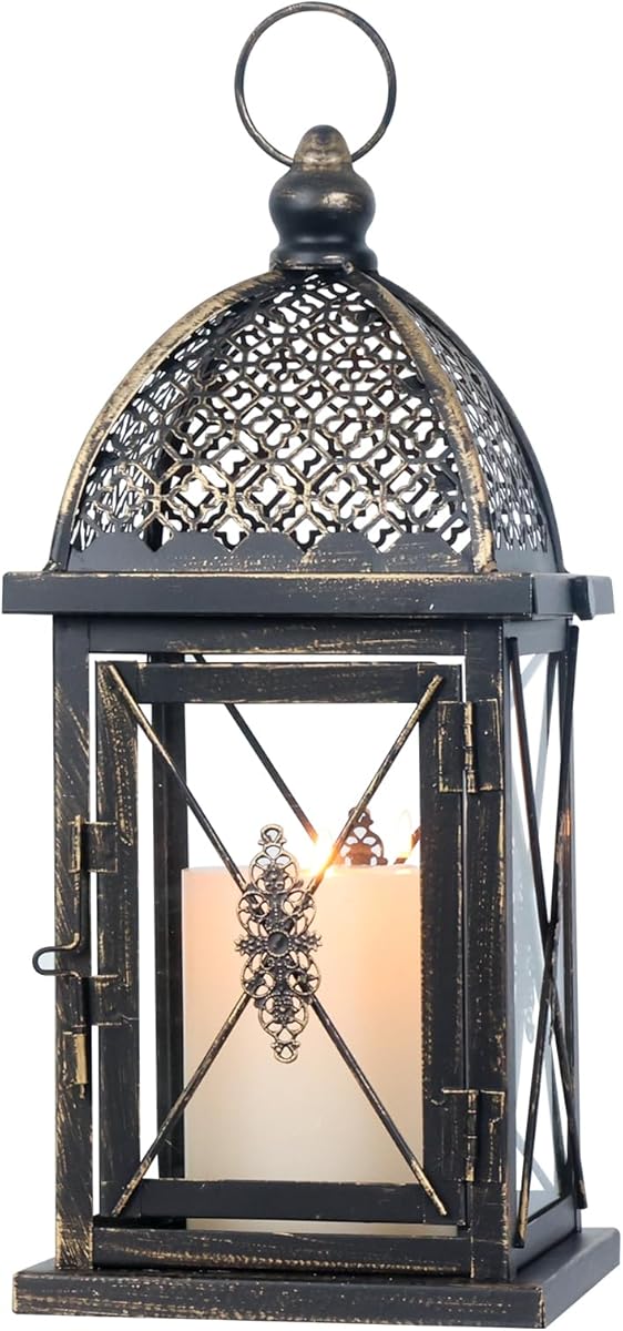 A 14-inch vintage-style metal outdoor lantern with clear glass panels