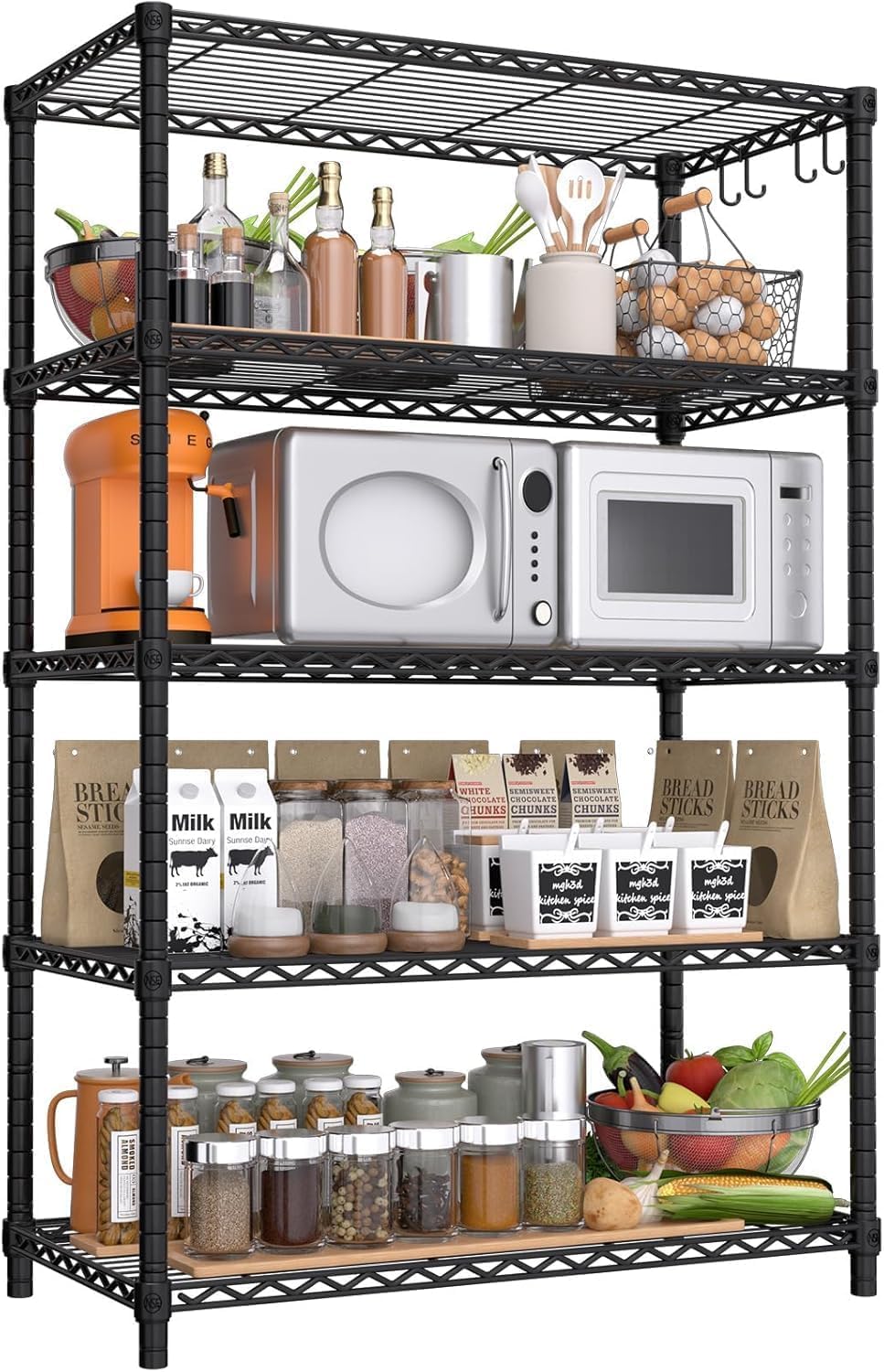 BuxWellBang 90cm x 35cm x 183cm Wire Shelving 5 Tier Storage Shelves NSF Certified Heavy Duty Steel Metal Shelf Adjustable Rolling Rack Kitchen Garage Closet Pantry Laundry