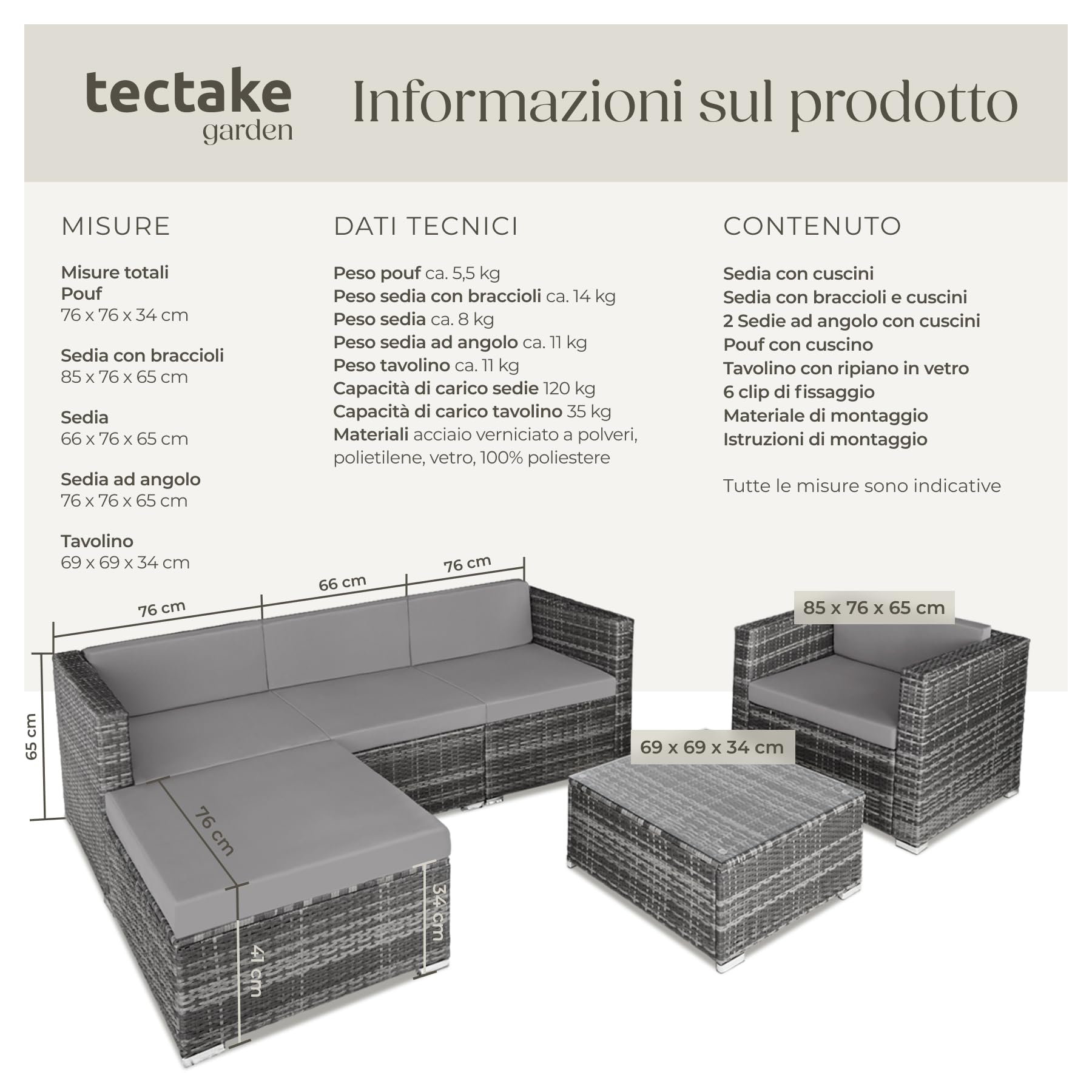 tectake® Set Rattan Milano, Arredo Giardino Elegante con Poltrone, Panche, Tavolo Vetro - Resistente UV, Struttura Acciaio, Imbottitura Morbida, Versatile - Grigio