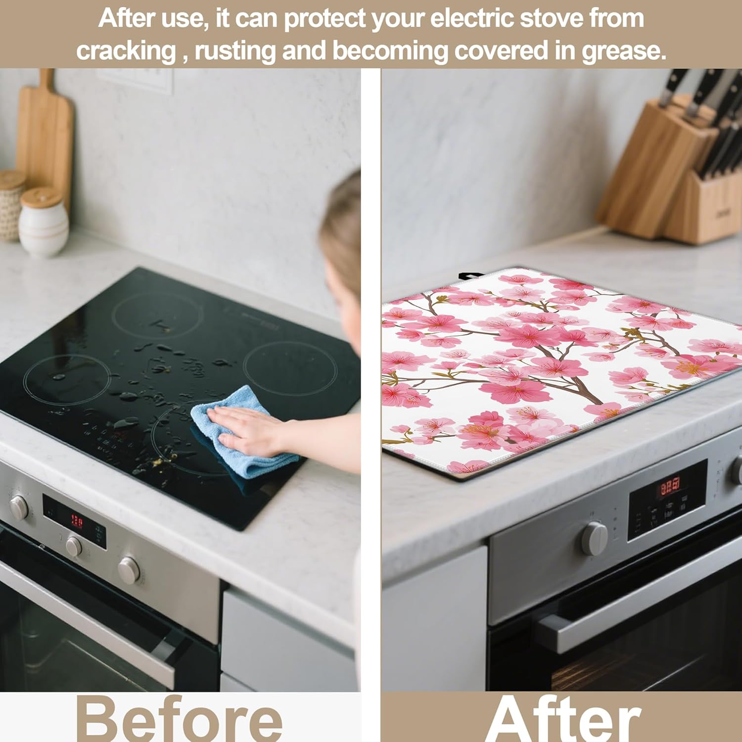 Stove Top Covers for Electric Stove,Cherry Blossom Japanese Stove Top Protector Thick Rubber Dish Drying Mat for Kitchen Cooking Ceramic Countertop 28 "x 20 "
