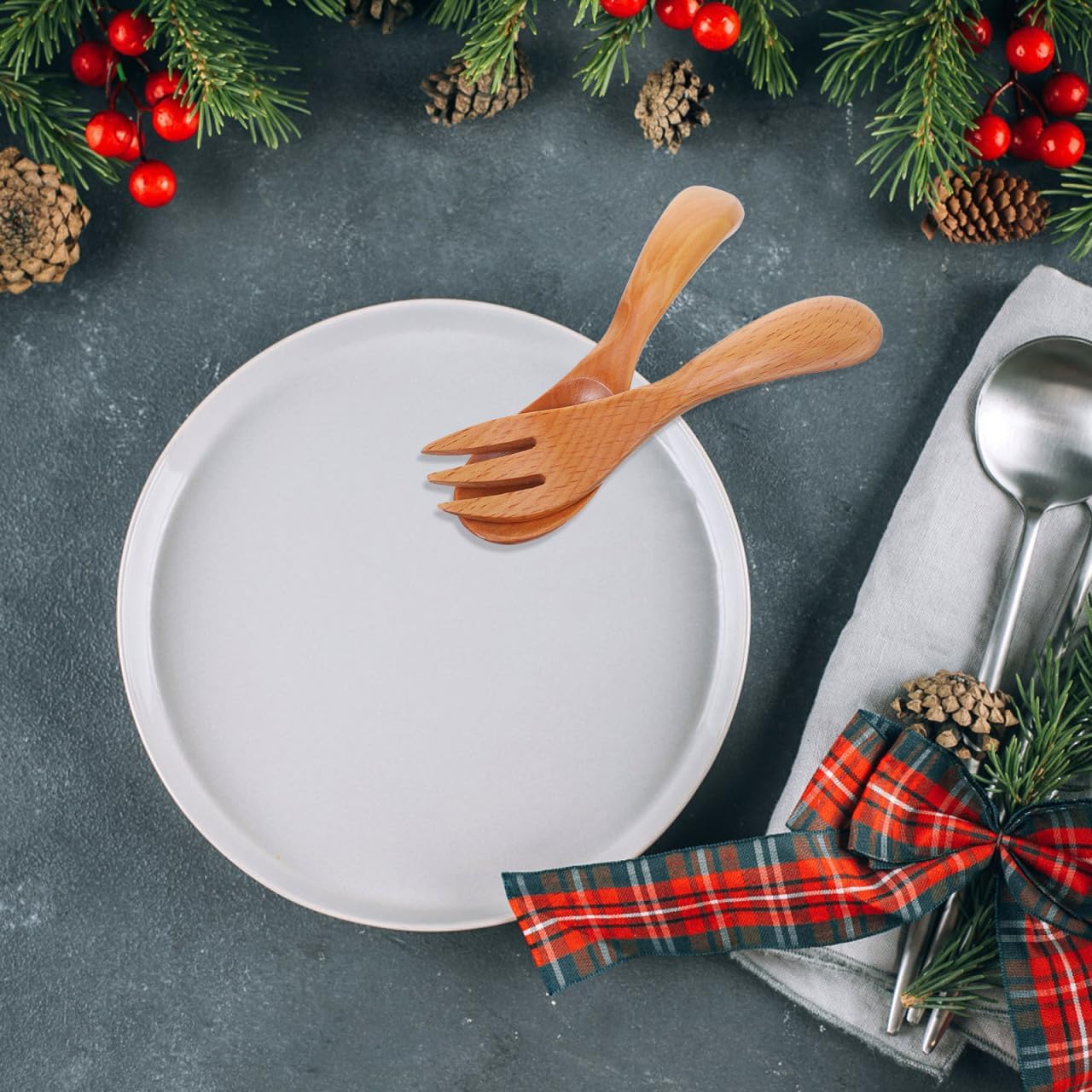 Beech Wood Spoon Fork Set Mini Japanese Style Portable Flatware Hollow Handle Baby Wooden Utensils for Salad Soup Ice Cream Home Restaurant Use